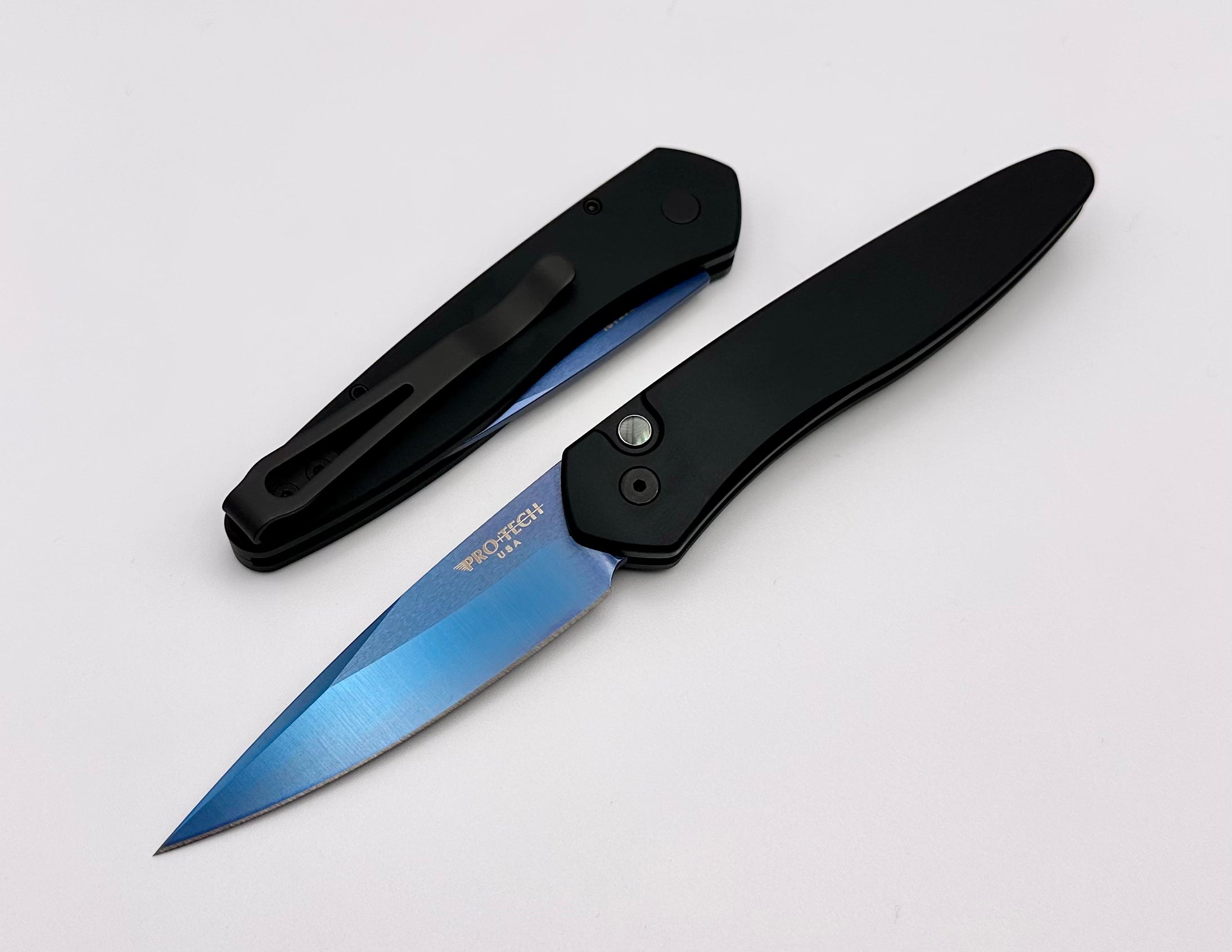 Premium Pro-Tech Newport Knife - Black Aluminum Handle with Abalone Button & S35VN Steel Blade