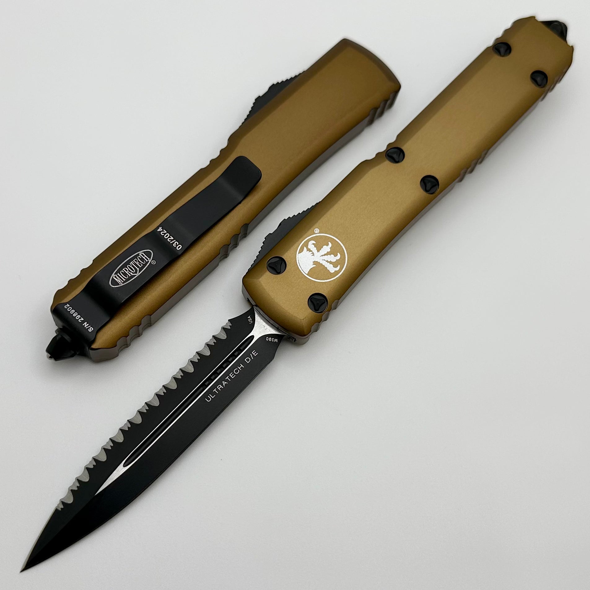 Microtech Ultratech Premium Double Edge Tactical Knife - Black Serrated & Tan