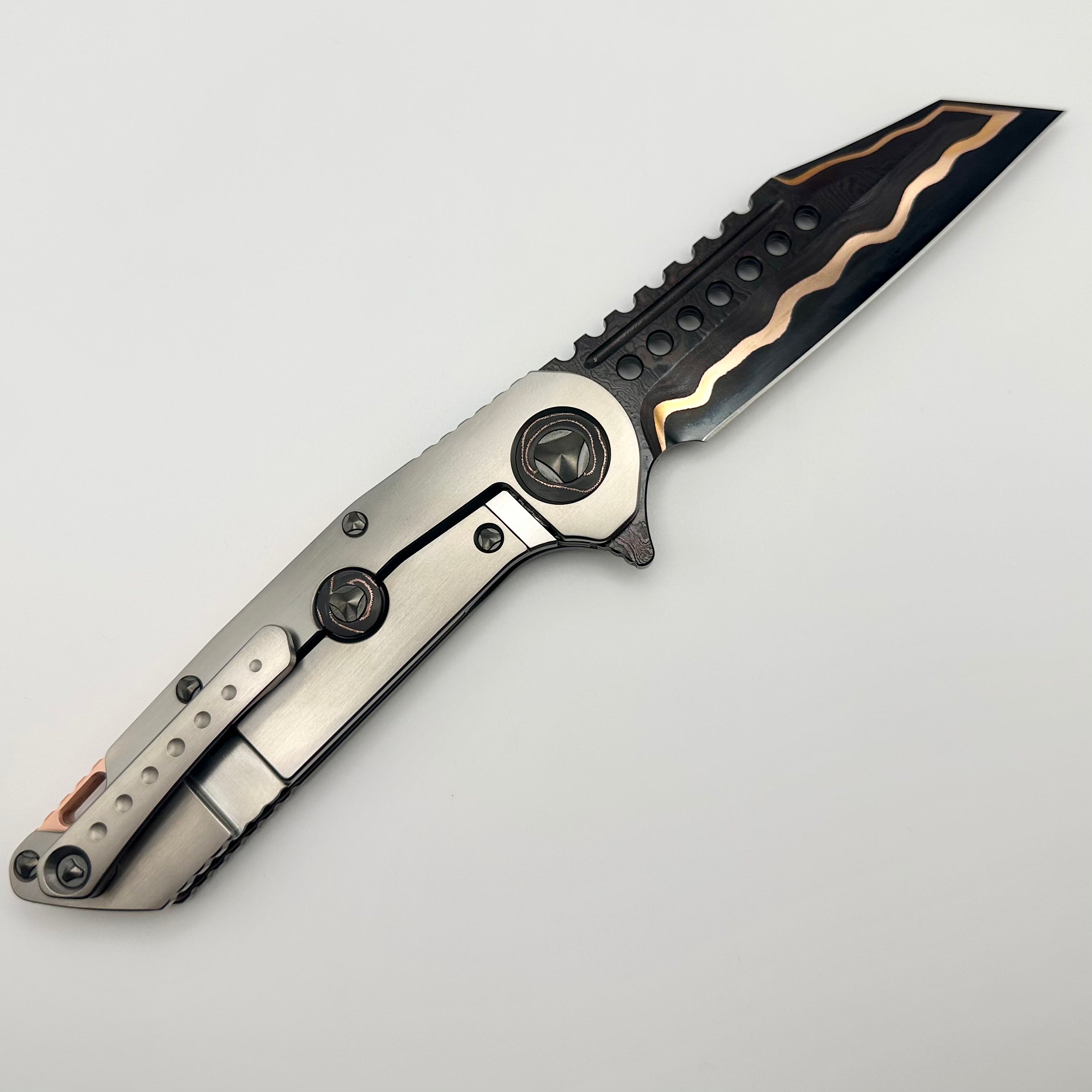 Premium Marfione Custom Warhound Sunset GoMai Damascus Knife with Titanium & Copper Carbon Fiber Inlay