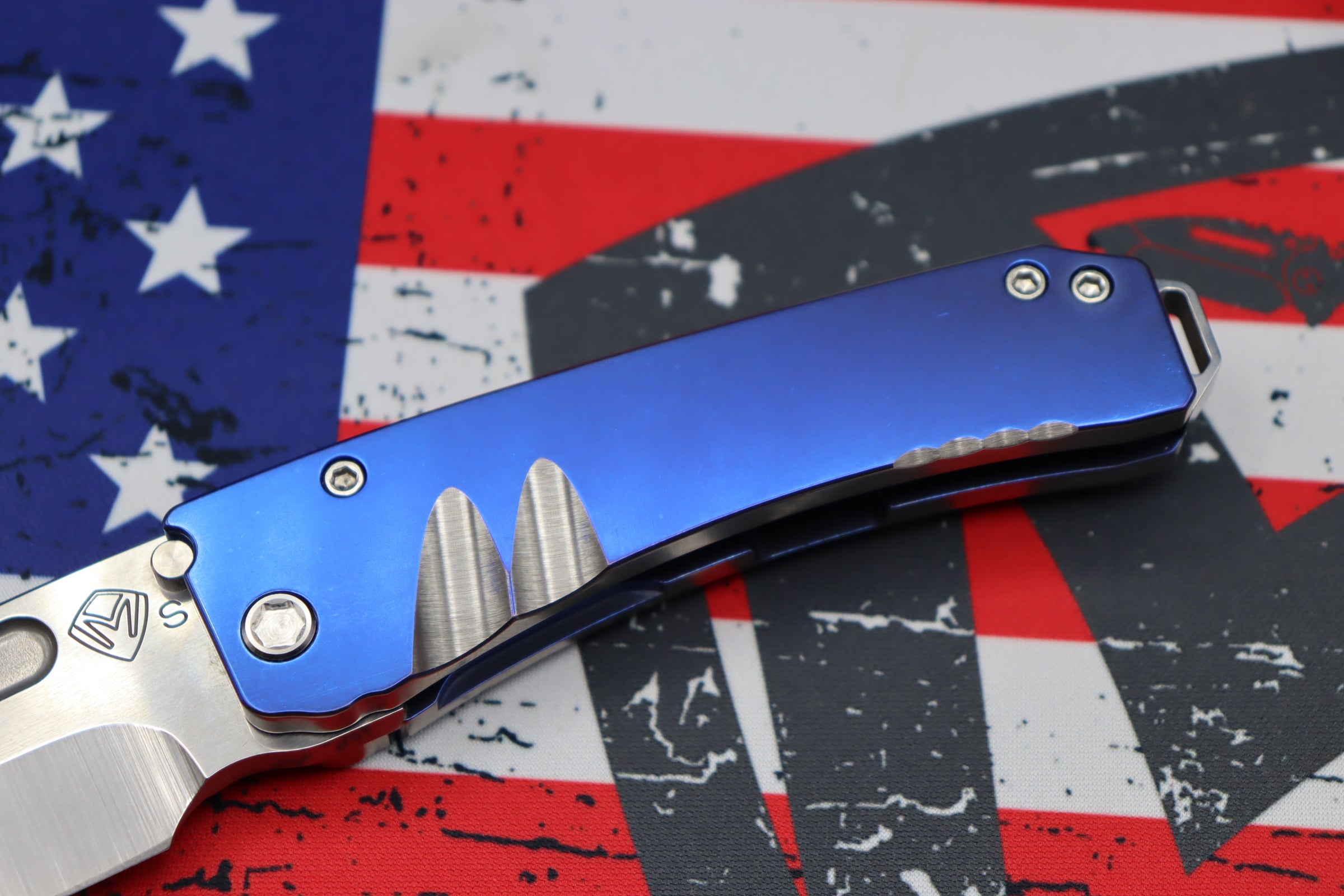 Premium Medford Midi Marauder: S35VN Tanto Blade with Blue Titanium Handles & Brushed Silver Accents