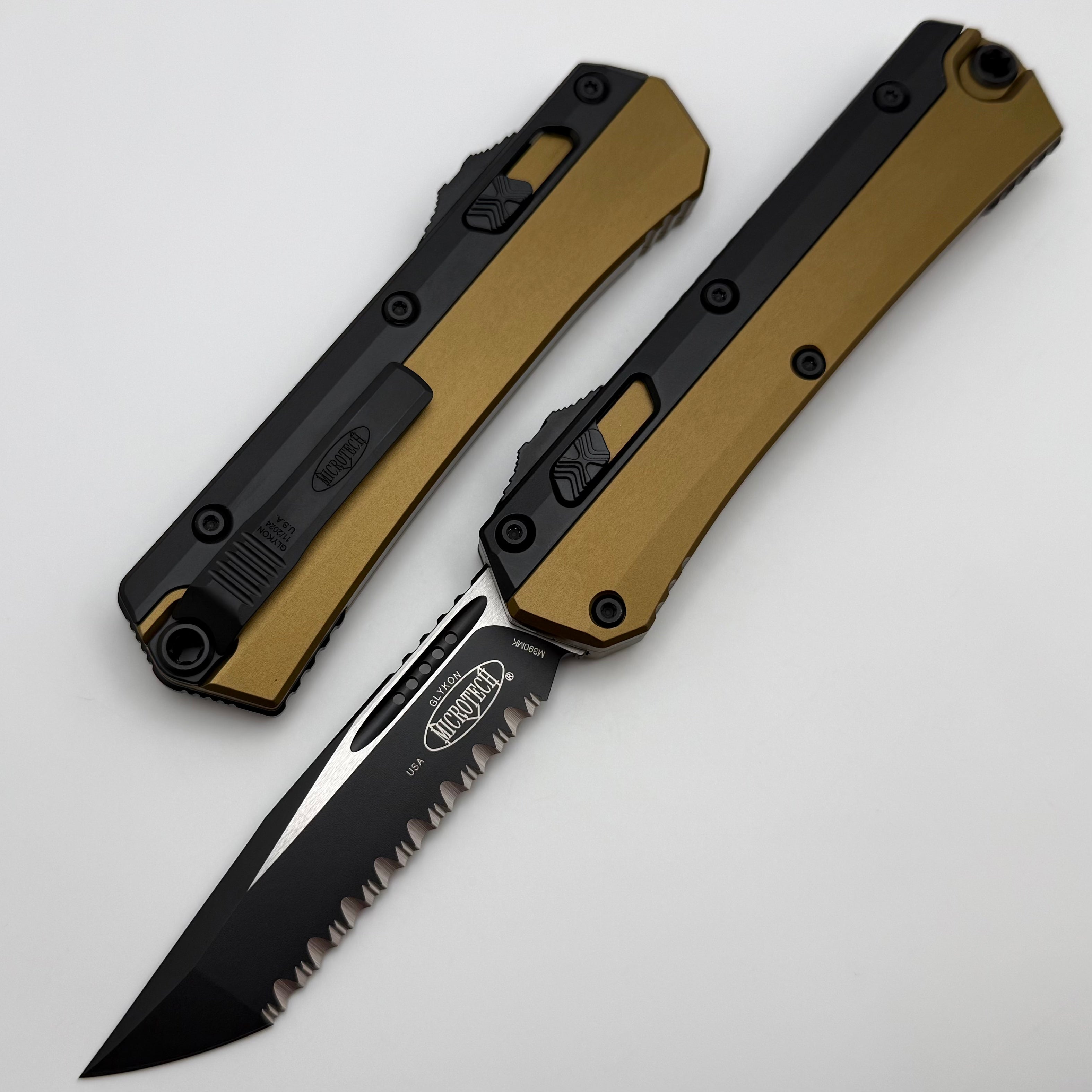 Premium Microtech Glykon Tan Tactical Knife - Black Full Serrated Tanto M390MK 185-3TA