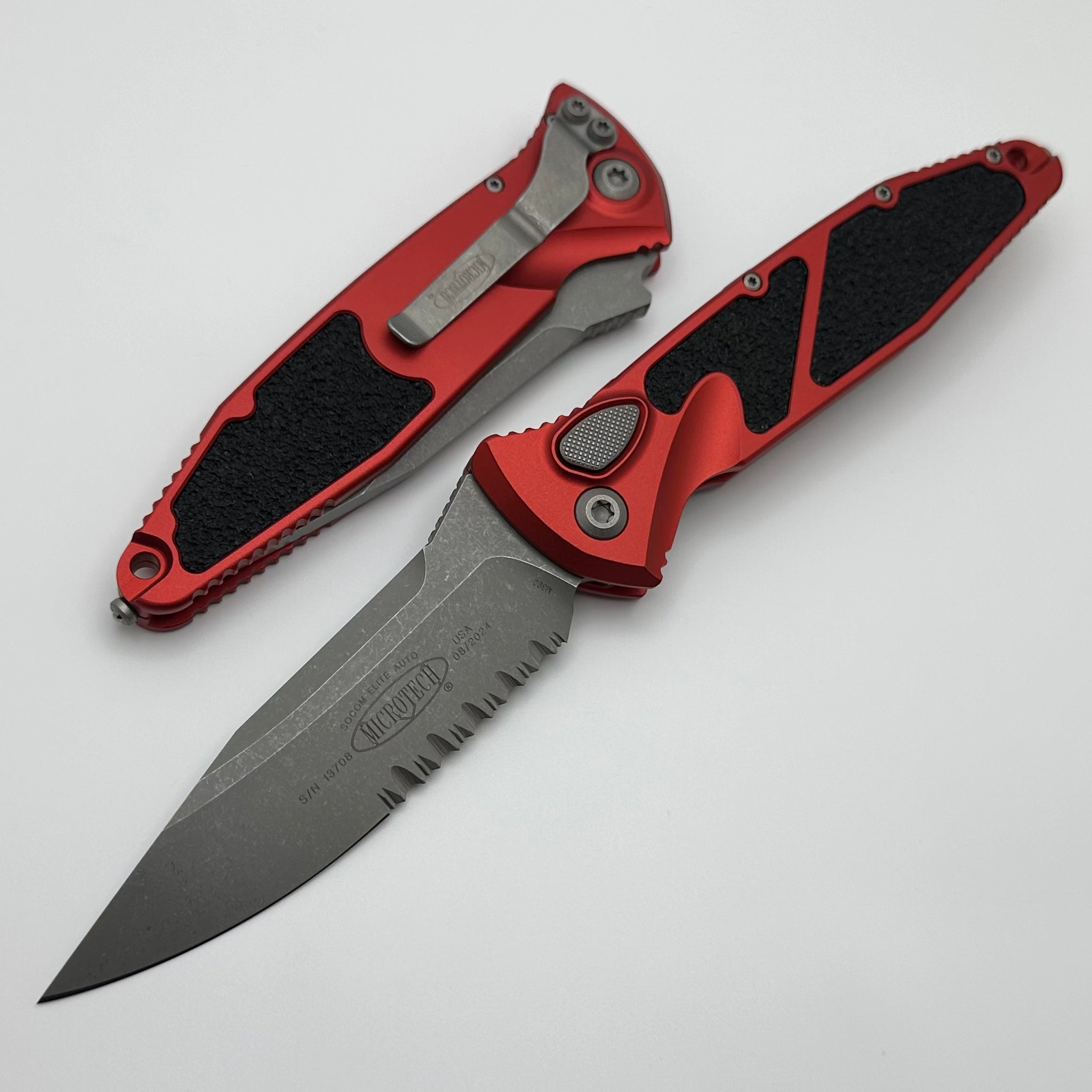 Microtech Socom Elite Auto Tactical Knife - Apocalyptic Red Handle, Partial Serrated Edge