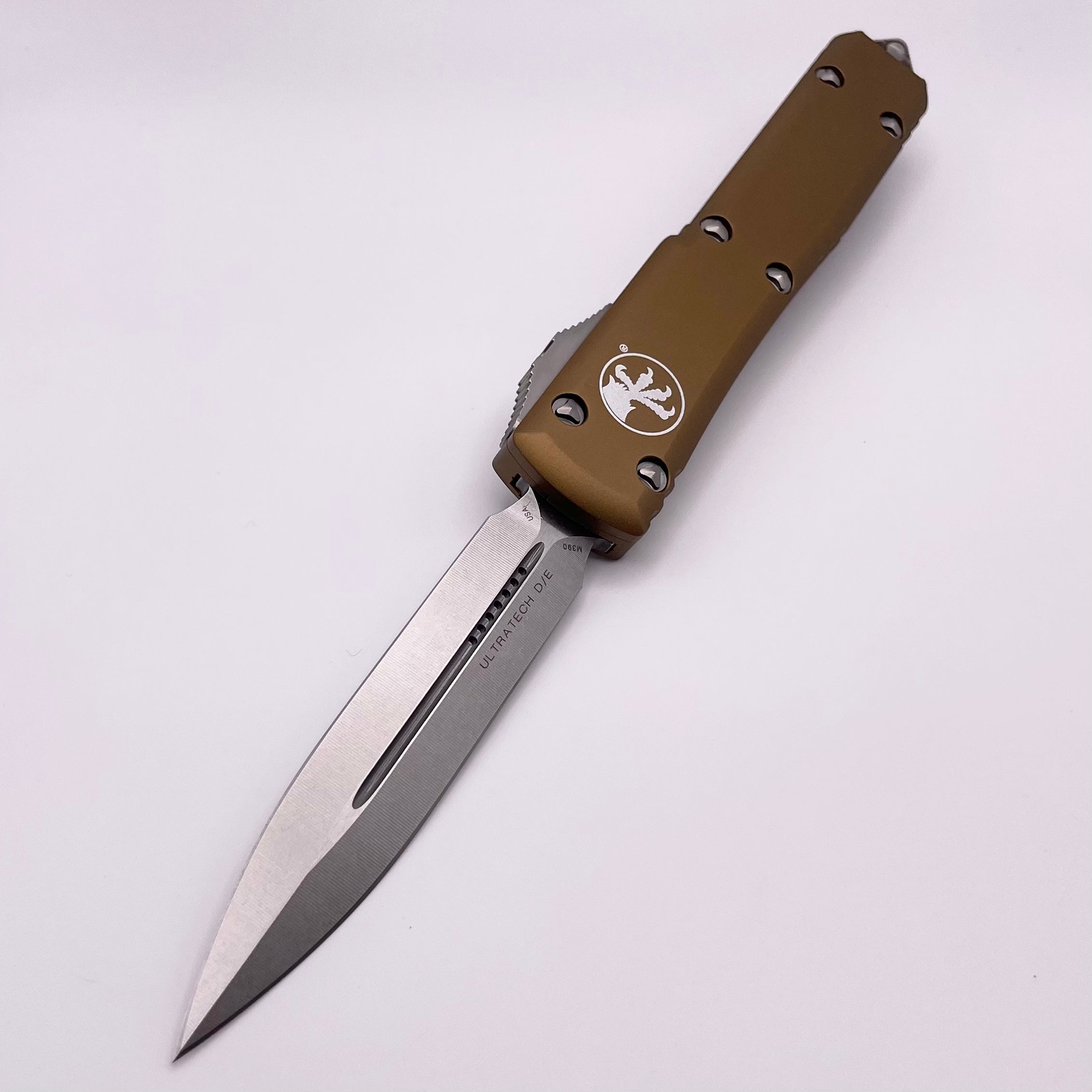 Premium Pre-Owned Microtech Ultratech OTF Knife - Double Edge Stonewash & Tan