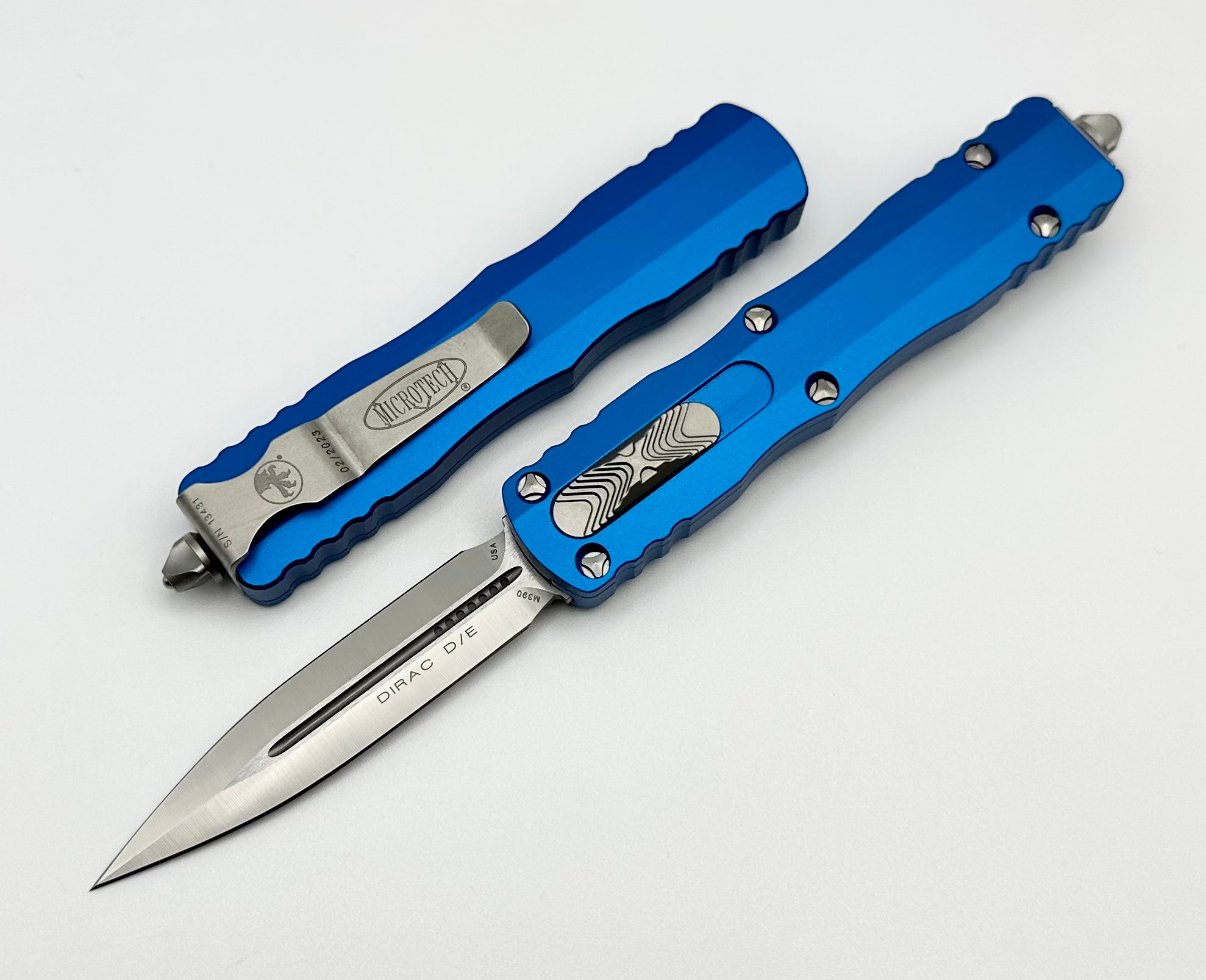 Microtech Dirac Ultimate Double Edge OTF Knife - Satin Finish & Blue Handle