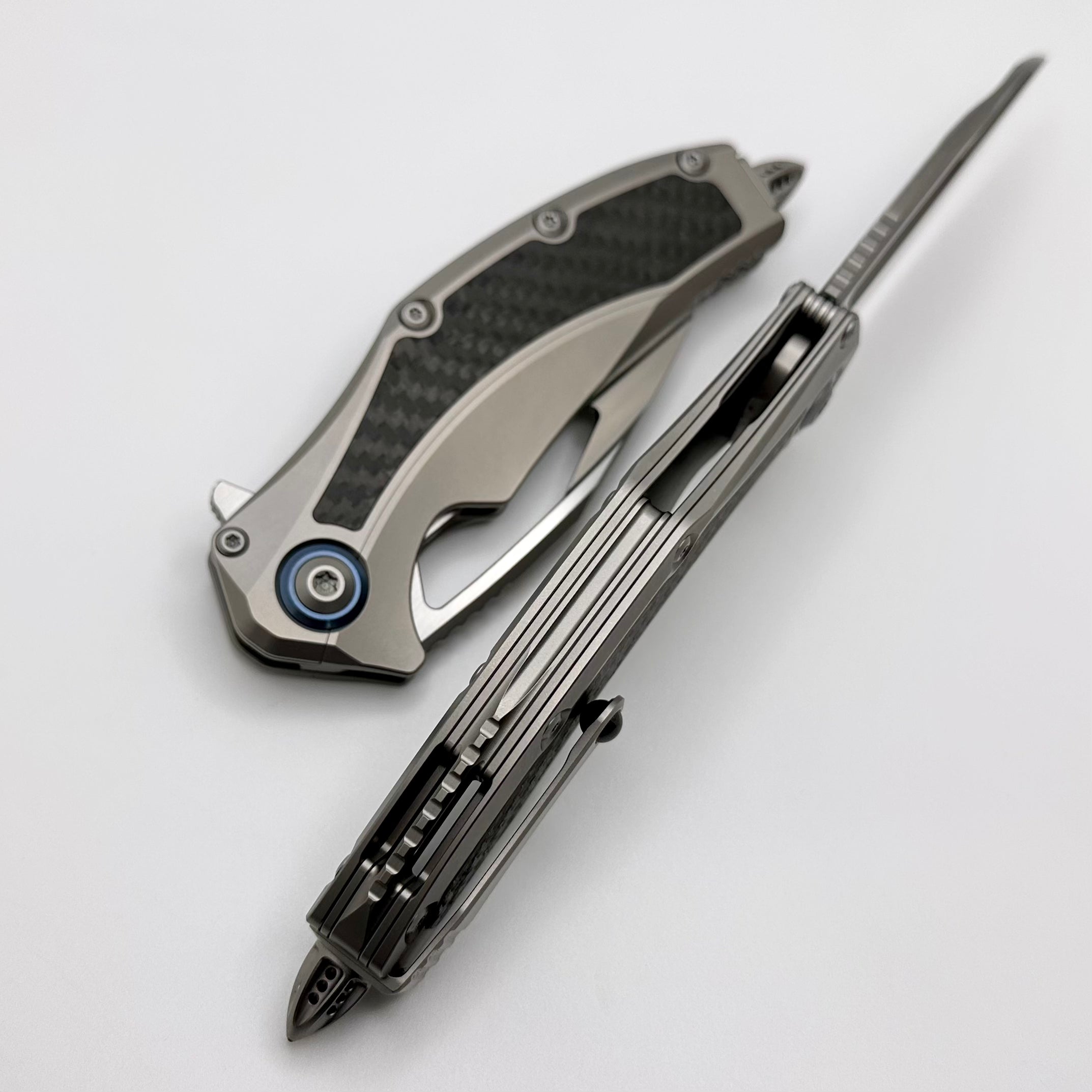 Premium Microtech Matrix Titanium Knife with Carbon Fiber Inlays & Blue Ti Pivot Collars