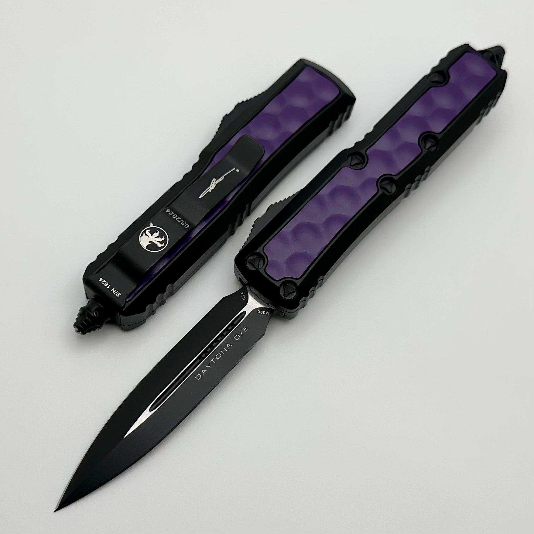 Premium Microtech Daytona Black D/E Knife with Purple Bubble Inlays - Signature Series 126-1BIPUS