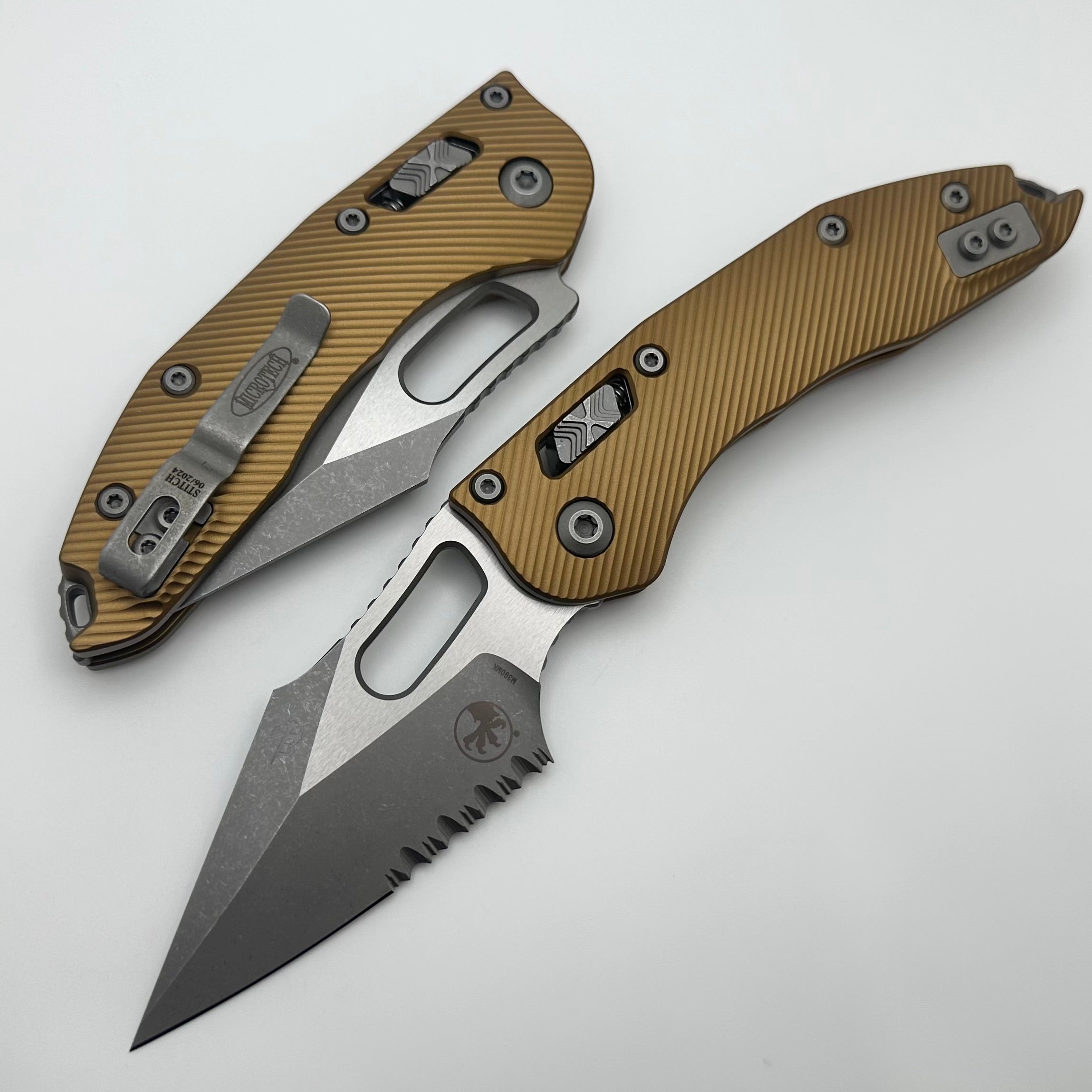 Premium Microtech Stitch RAM LOK Knife - Tan Aluminum, M390MK Blade, Partial Serrated