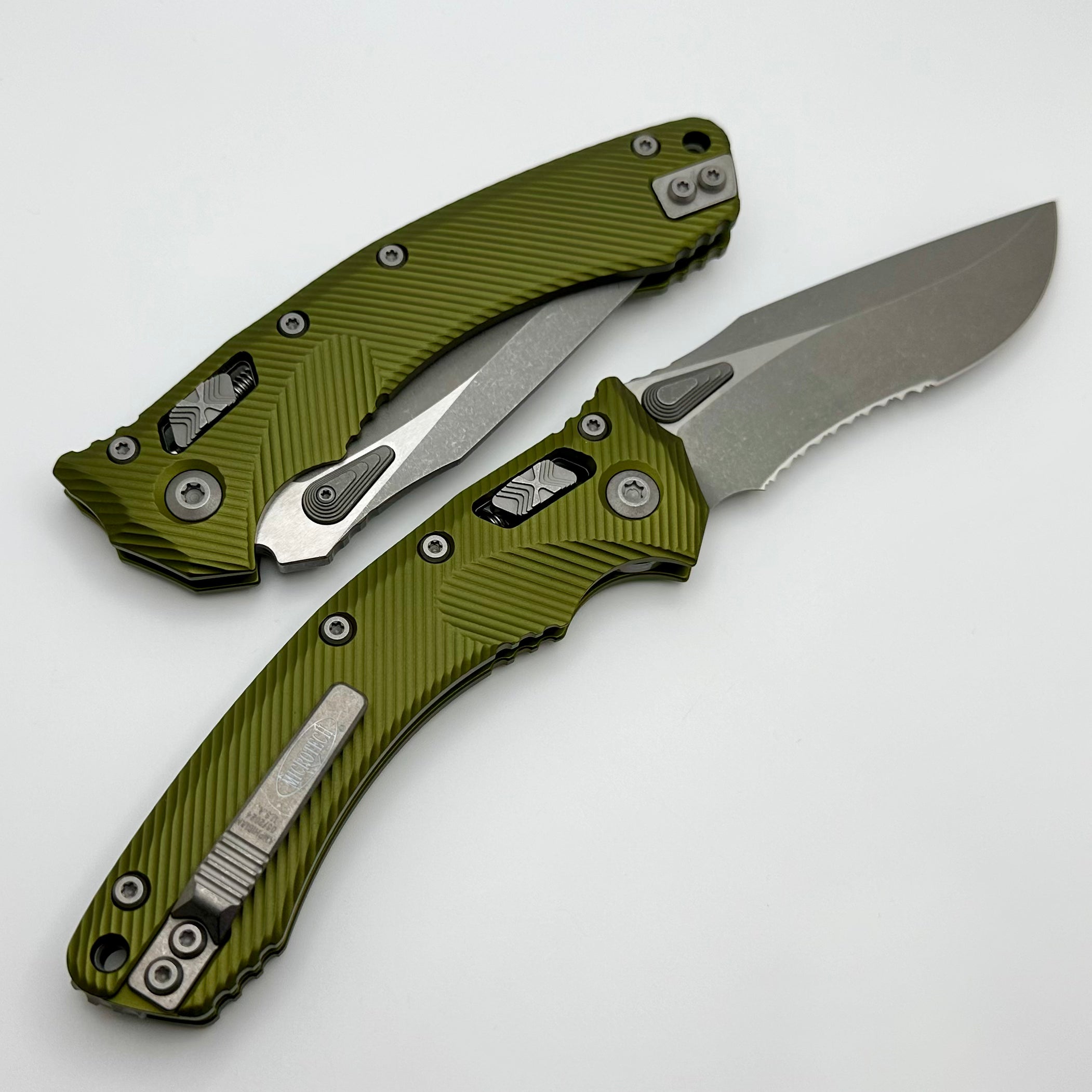 Premium Microtech Amphibian RAM LOK Knife - OD Green Fluted Aluminum, Apocalyptic M390MK Blade