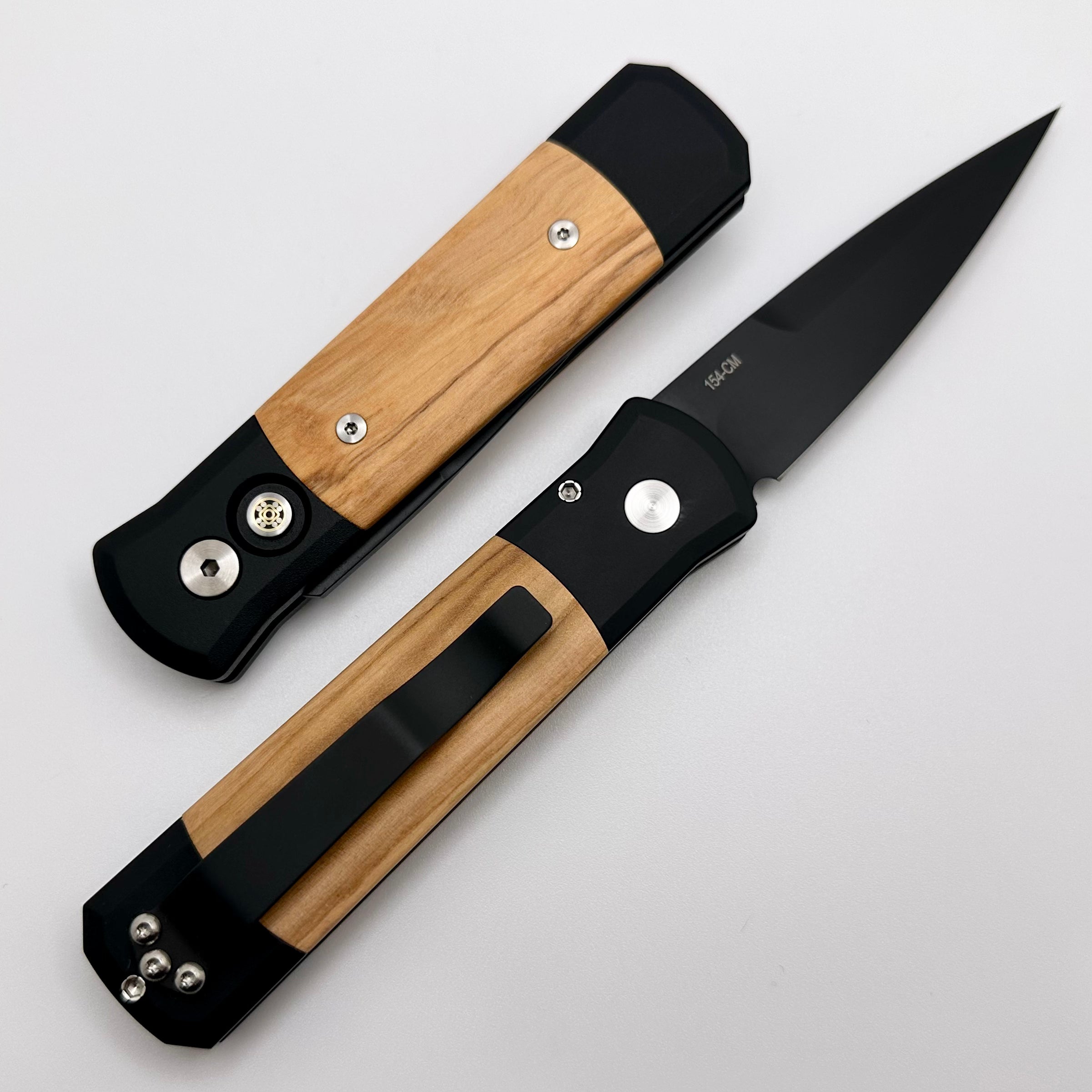 Premium Pro-Tech Godson Automatic Knife with Olive Wood Inlays & 154-CM Blade