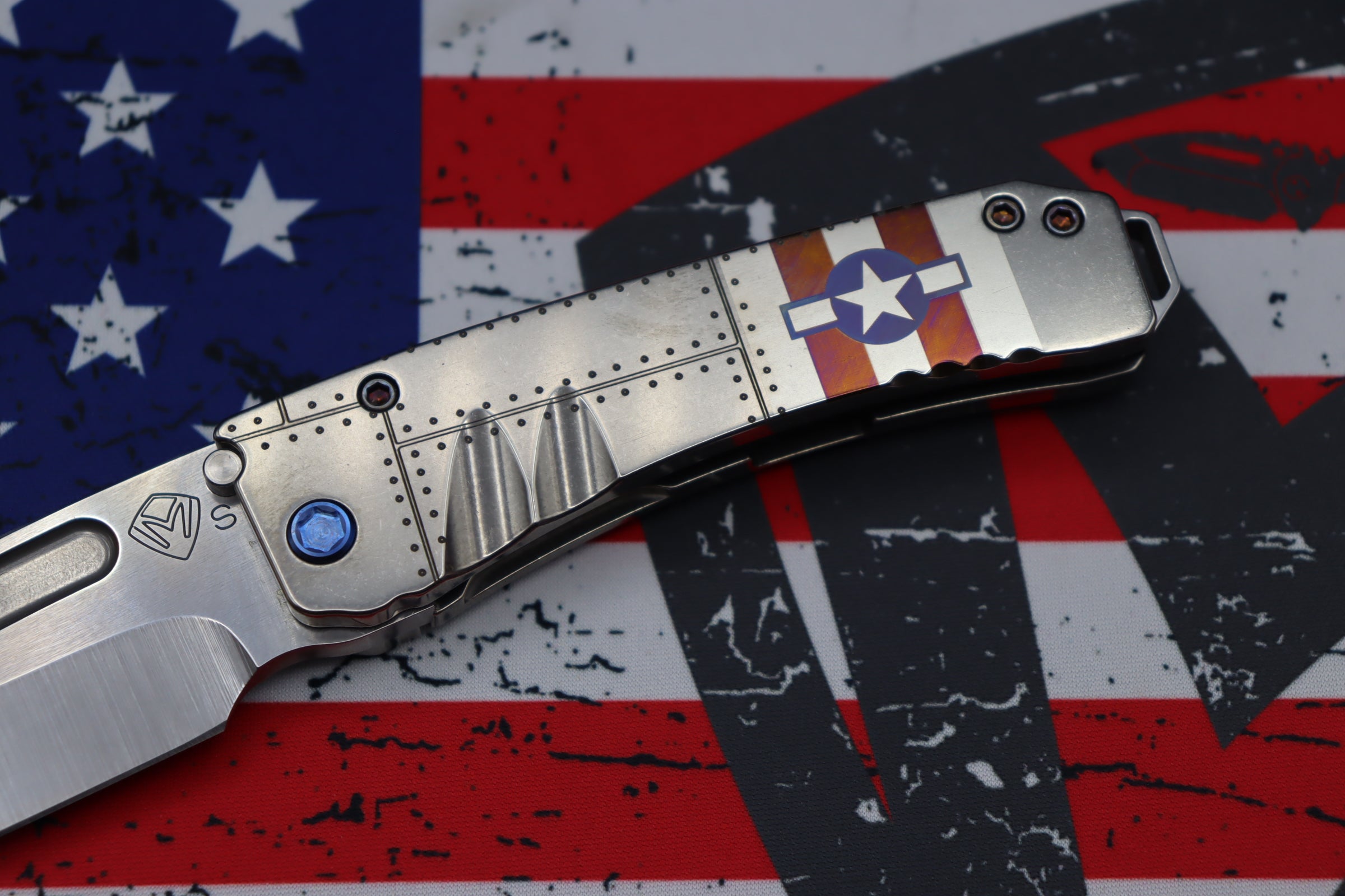 Medford Midi Marauder S35 Tanto Folding Knife with Tumbled Stars & Bars Handle and Blue Hardware - Premium EDC Companion