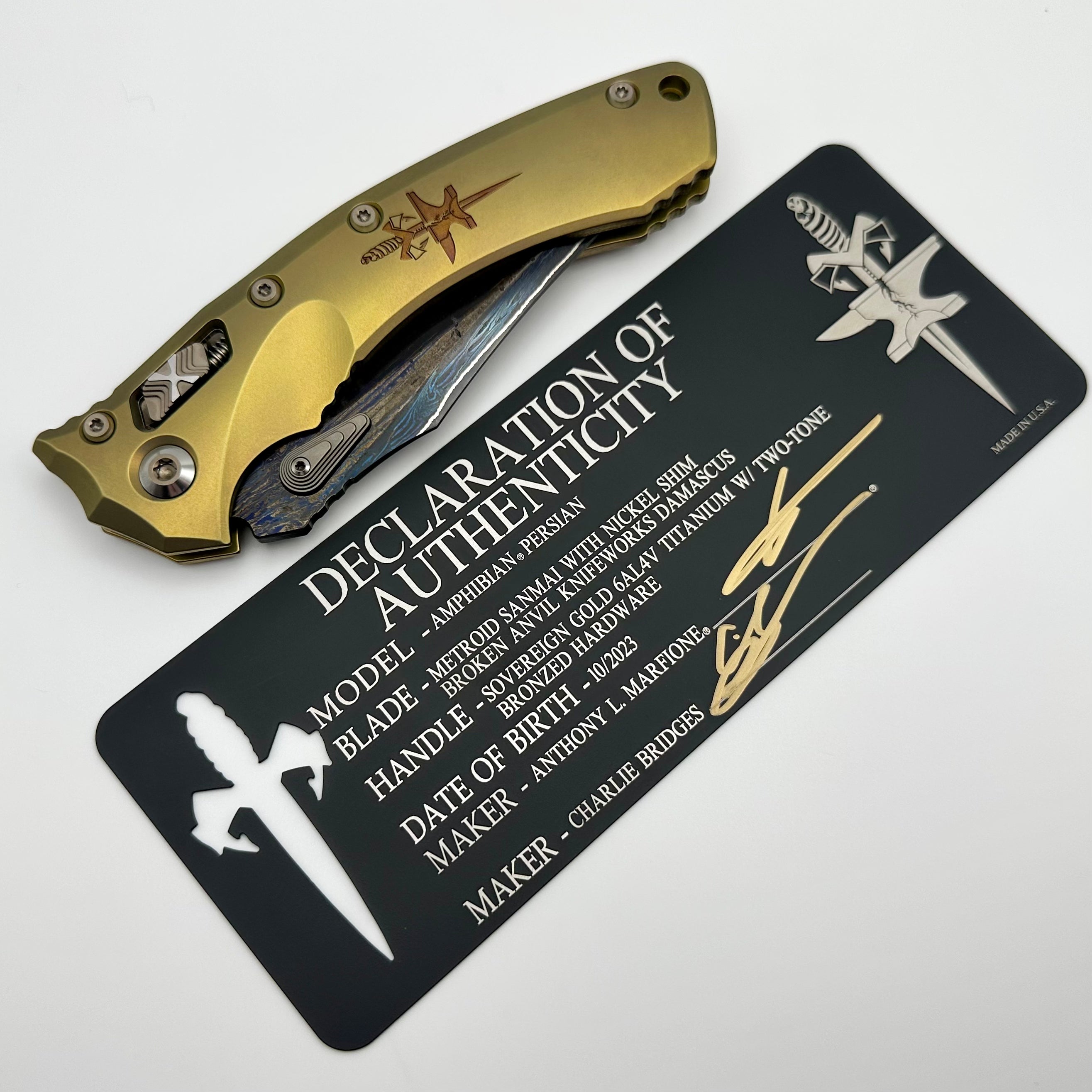 Marfione Custom Knives Amphibian RAM-LOK Metroid Sanmai - Premium Broken Anvil Damascus & Sovereign Gold Titanium