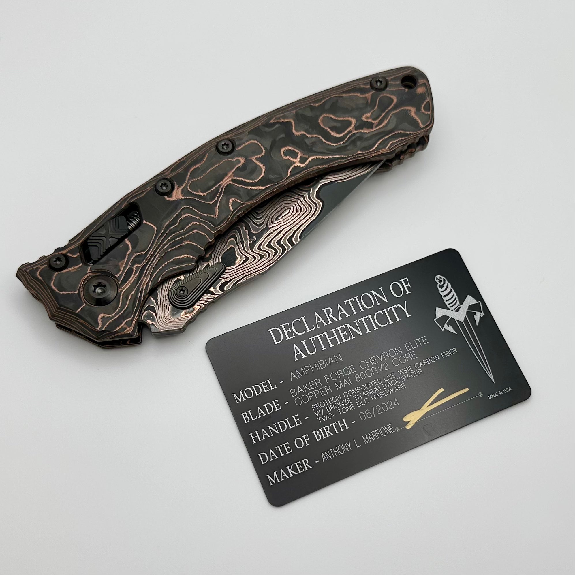 Microtech Amphibian Signature Series Knife - Premium RAM-LOK Baker Forge Elite Copper Mai & Carbon Fiber Handles