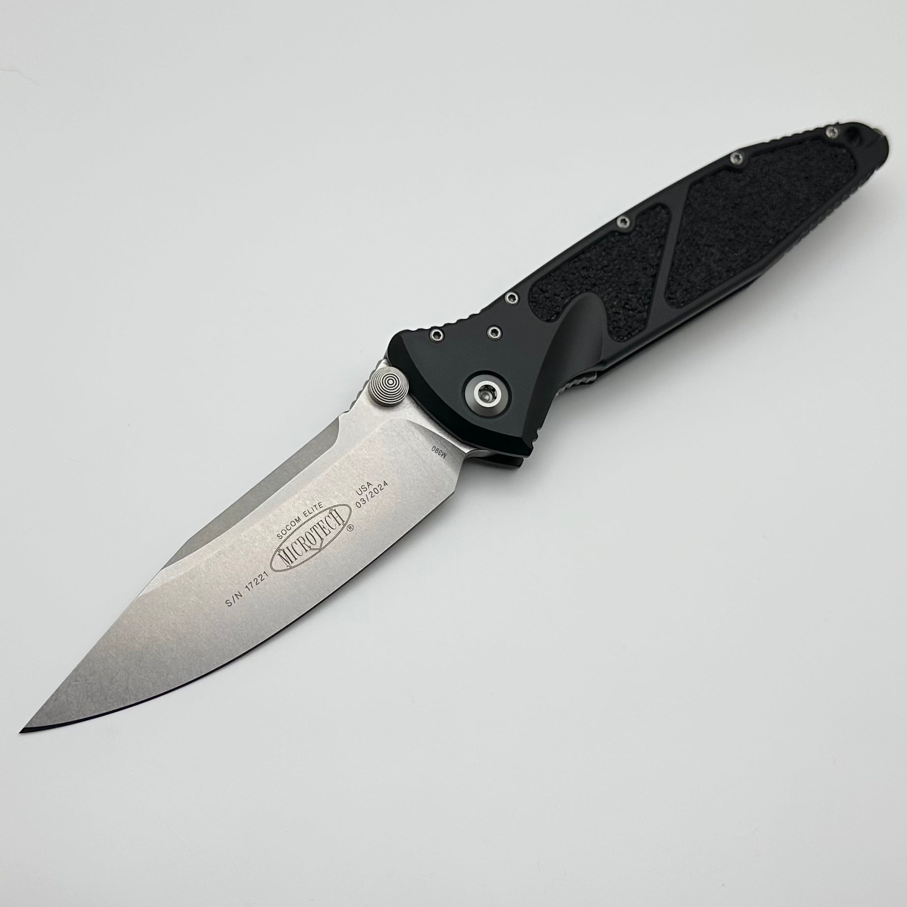 Premium Microtech Socom Elite Tactical Knife - Stonewash Finish, Manual Open, Black Handle (Pre-Owned)