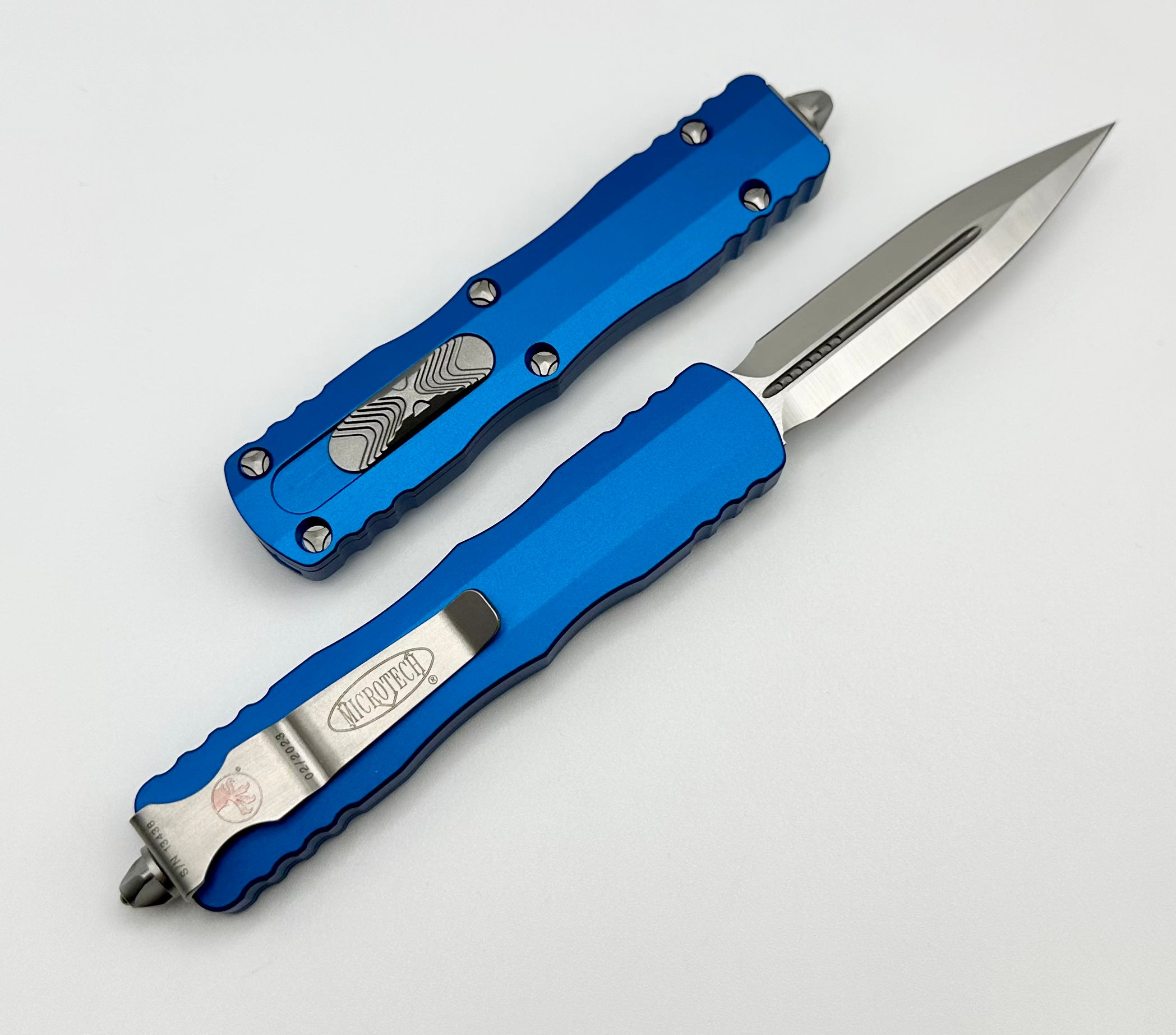 Microtech Dirac Ultimate Double Edge OTF Knife - Satin Finish & Blue Handle