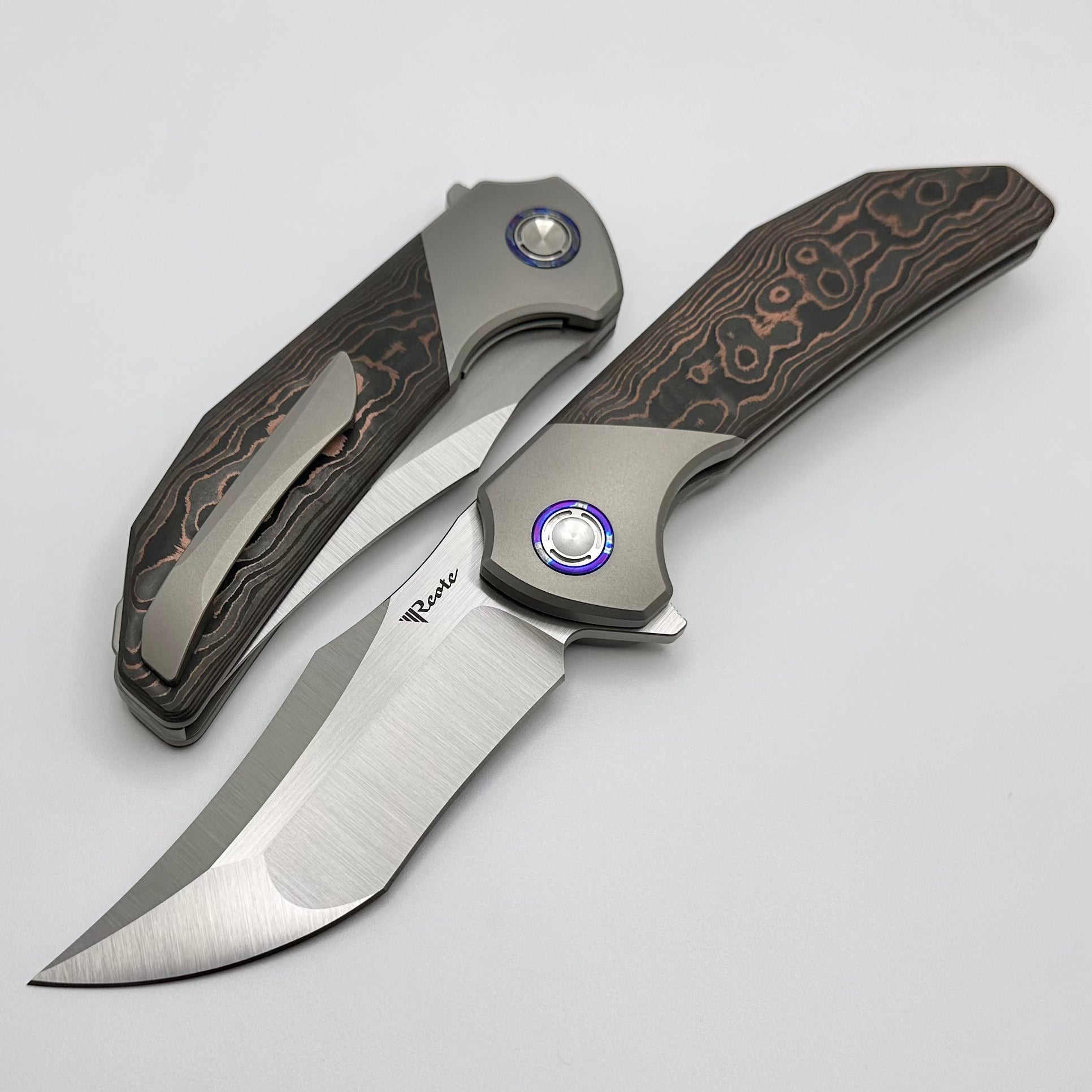 Reate Knives Premium Tiger Copper Camo Folding Knife - M390 Steel & Fat Carbon Handle
