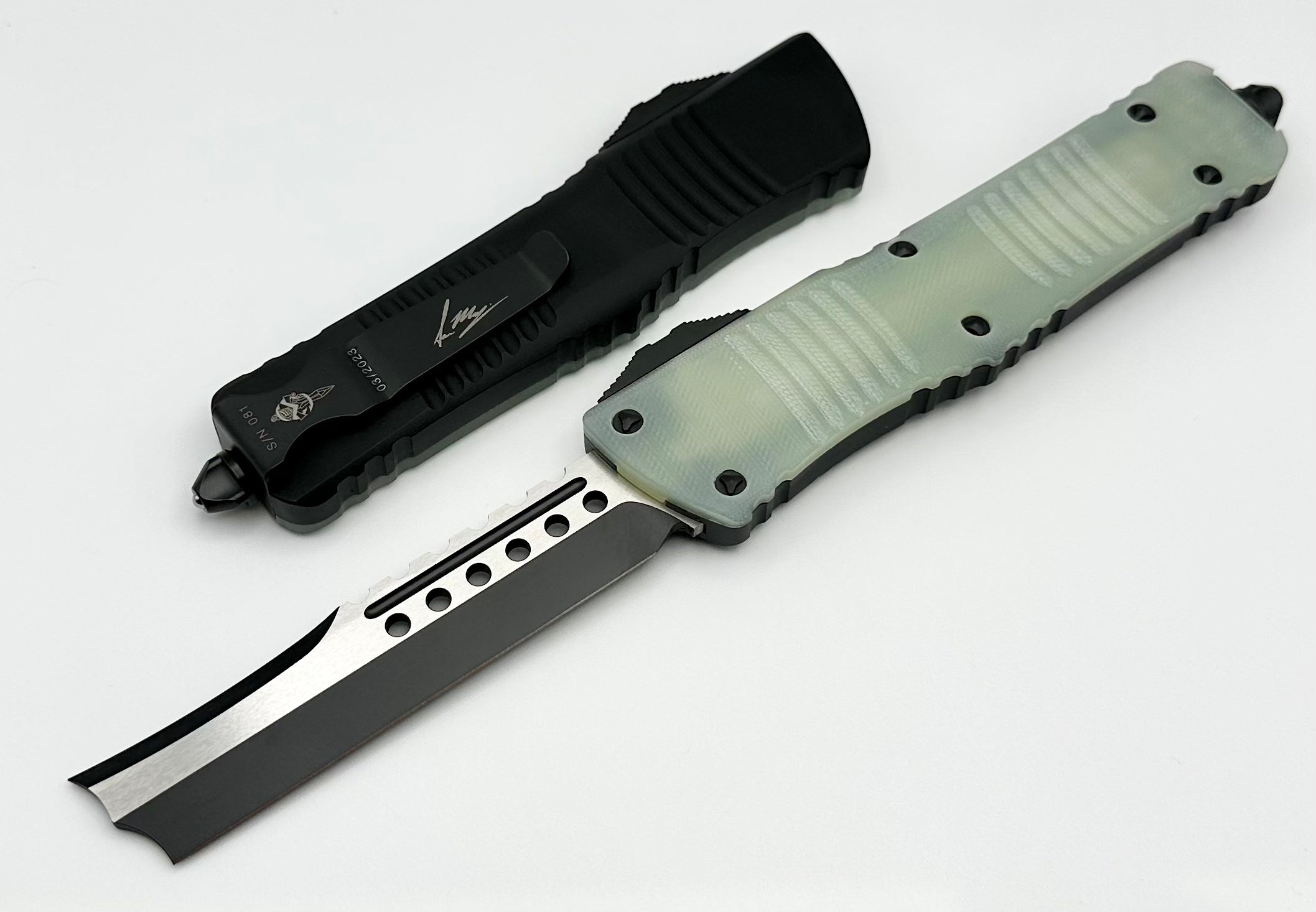 Microtech Combat Troodon Hellhound Tactical OTF Knife - Premium Jade G-10 Handle