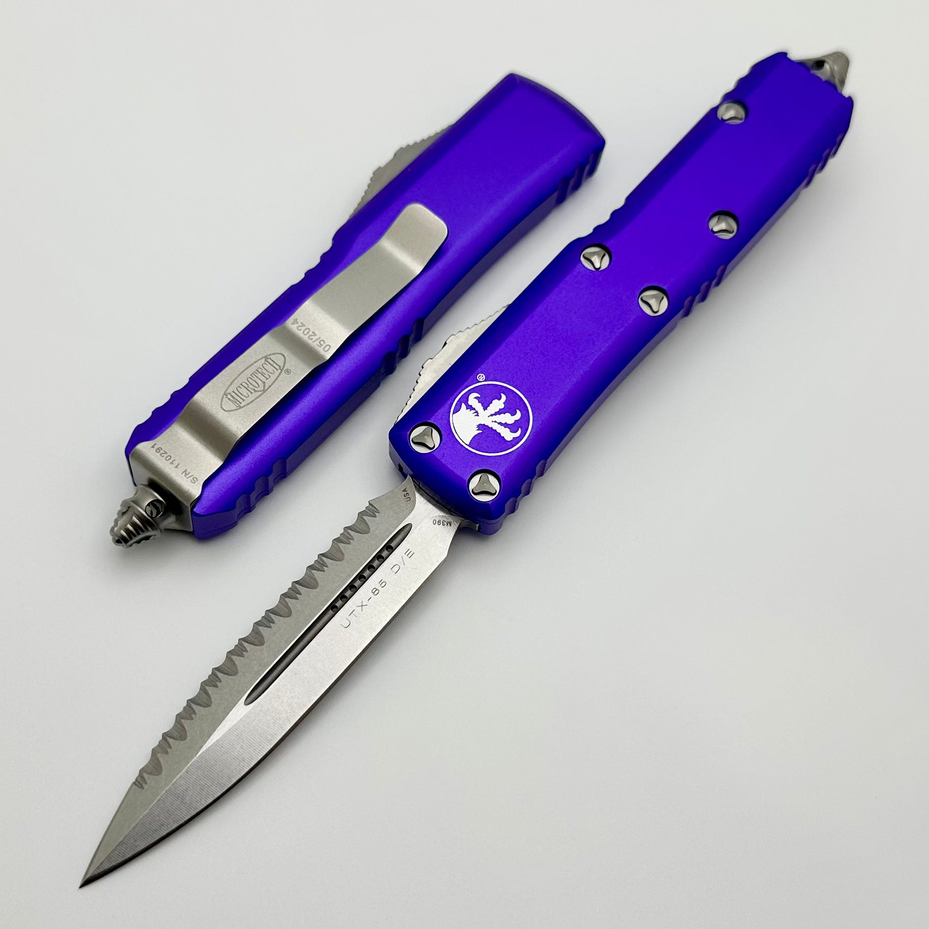 Microtech UTX-85 Premium EDC Knife - Double Edge, Stonewash, Full Serrated & Purple