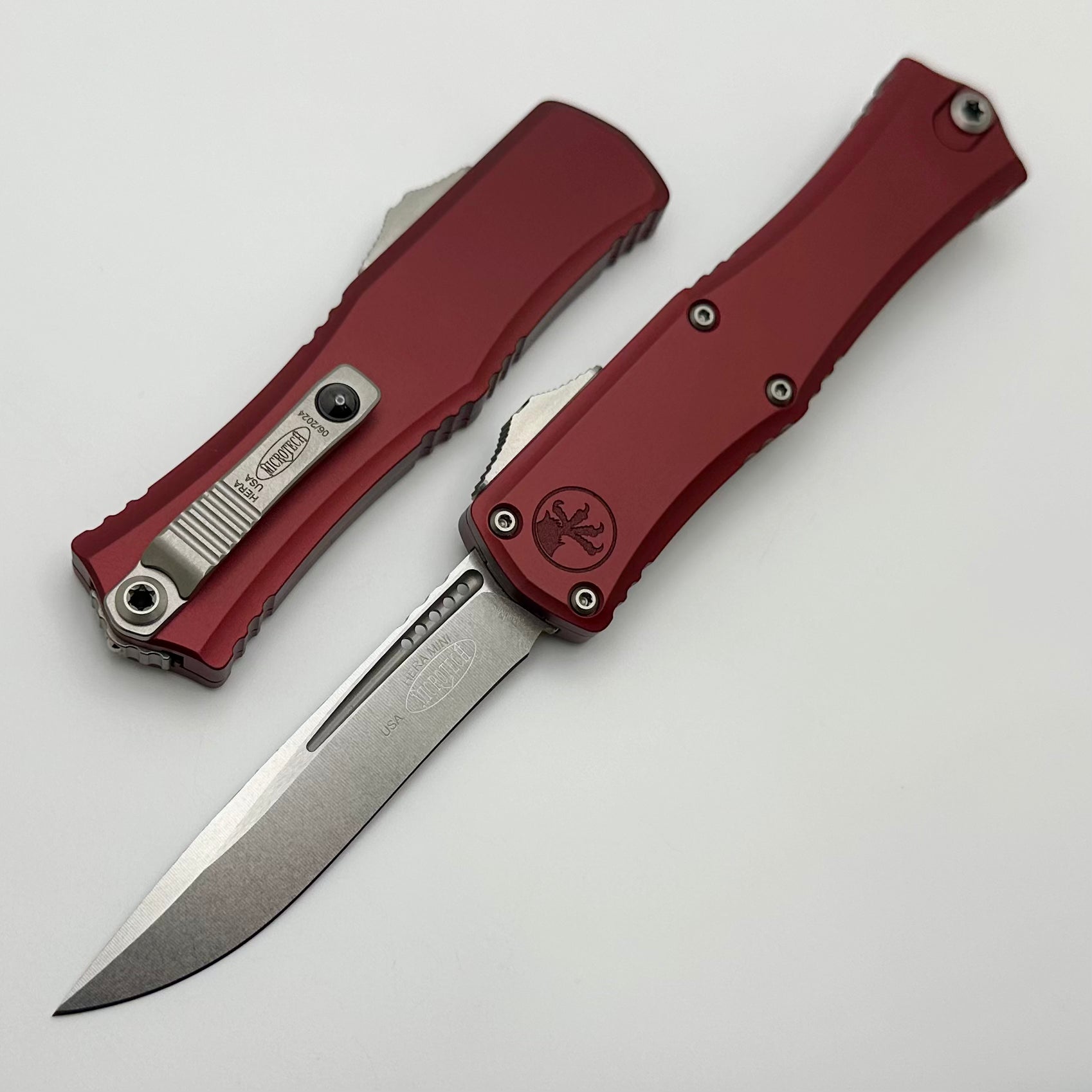 Microtech Premium Mini Hera OTF Knife - Merlot Handle, M390MK Blade, Stonewash Finish