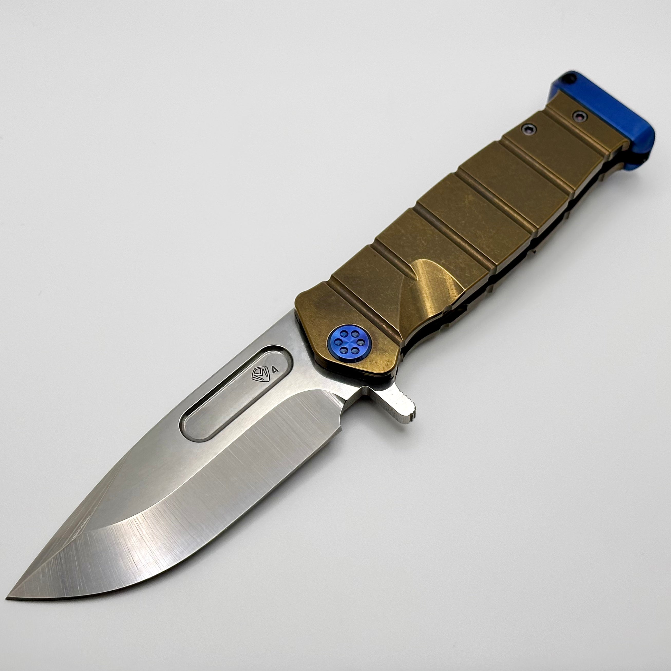 Medford Knife Fighter Flipper - Premium USMC Bronze Tactical Knife with Blue Accents & Tumbled S45VN Blade