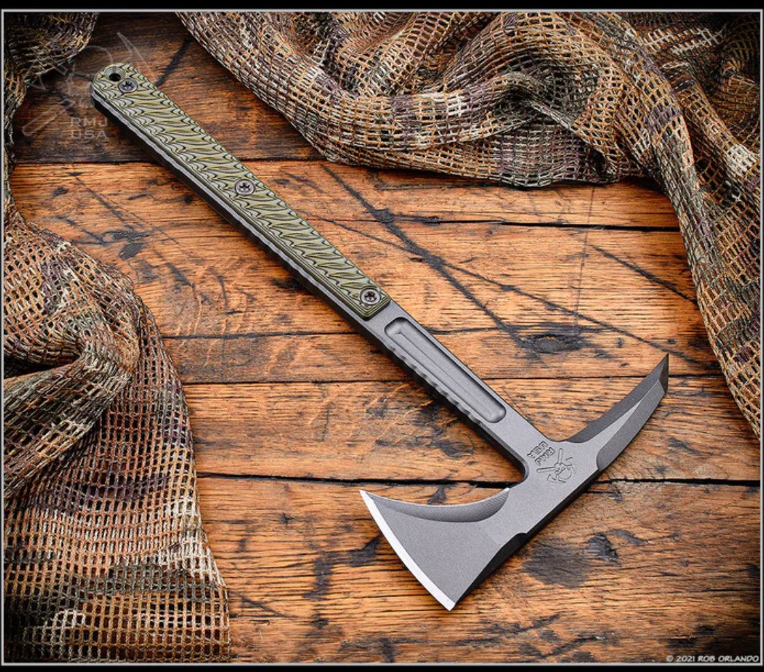 Ultimate RMJ Tactical Kestrel 13 Tomahawk - Premium 80CRV2 Steel with Dirty Olive G-10 Handle