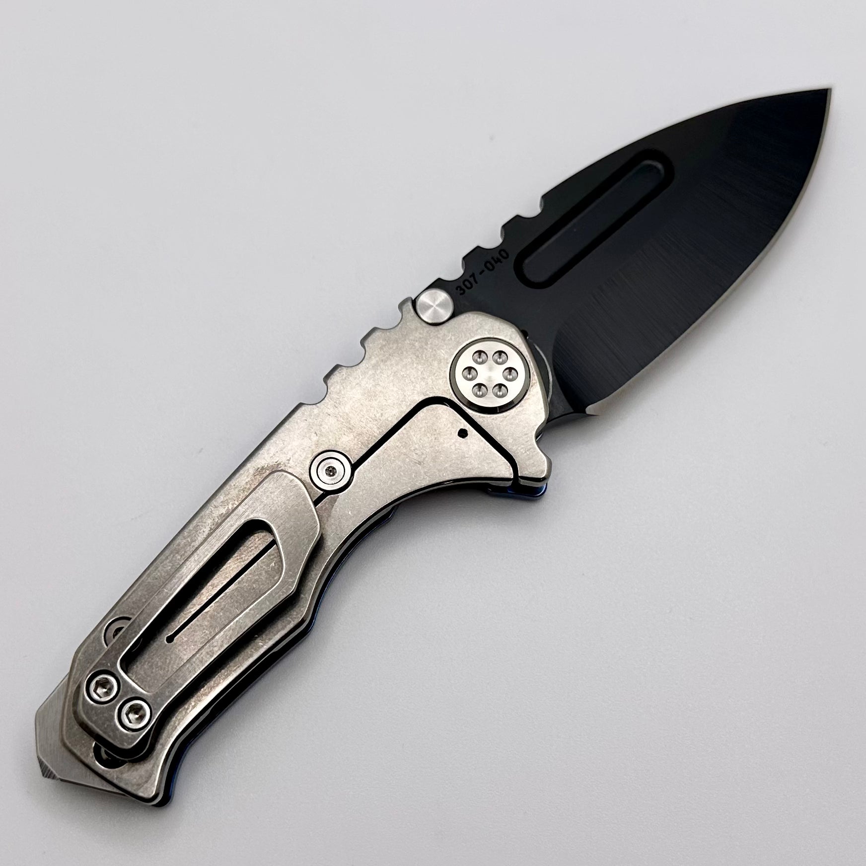 Premium Medford Micro Praetorian T - Compact PVD S35 Drop Point Knife with Blue/Tumbled Handles