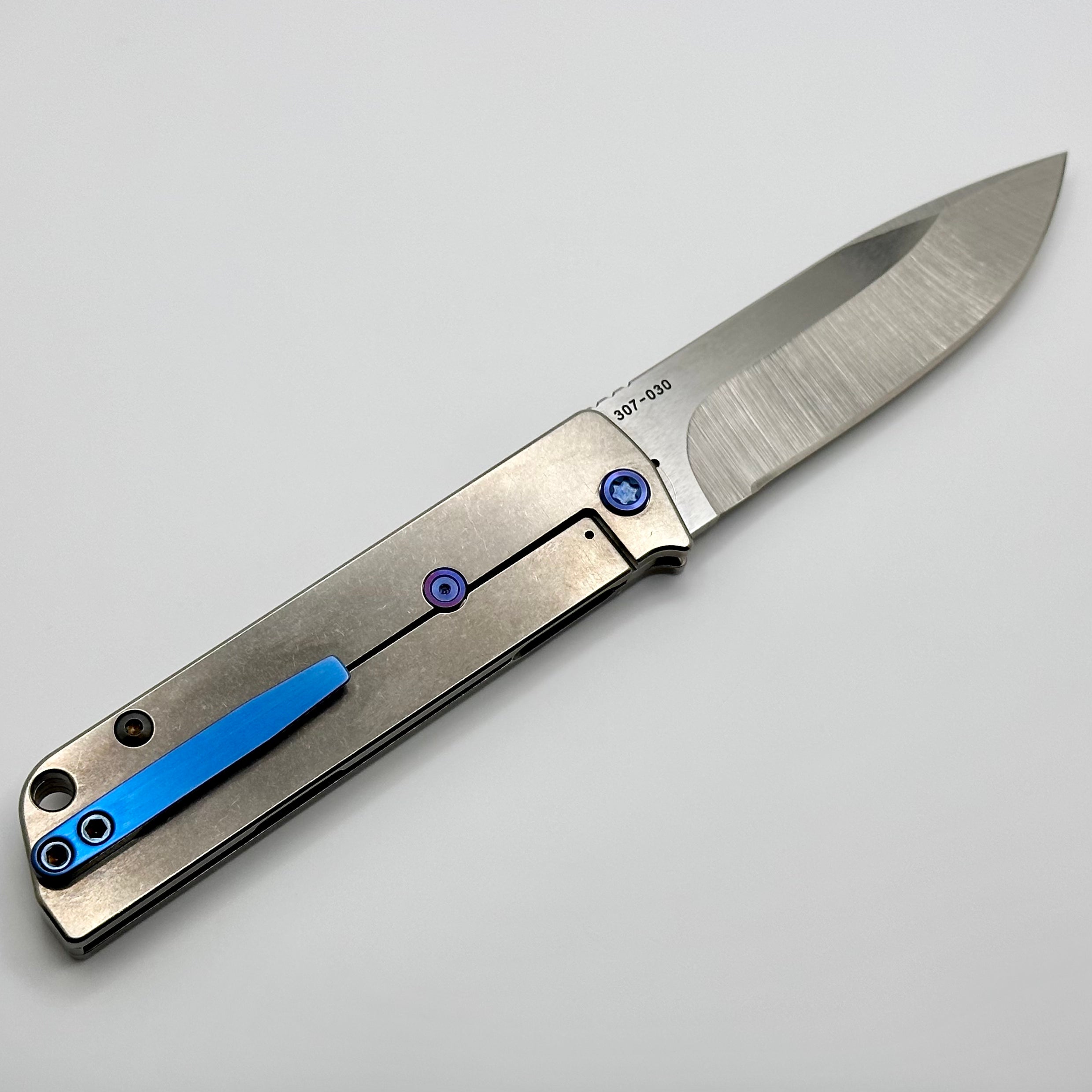 Medford Antik Premium Front Flipper Knife - Tumbled S45VN DropPoint & Titanium Handles with Blue Accents