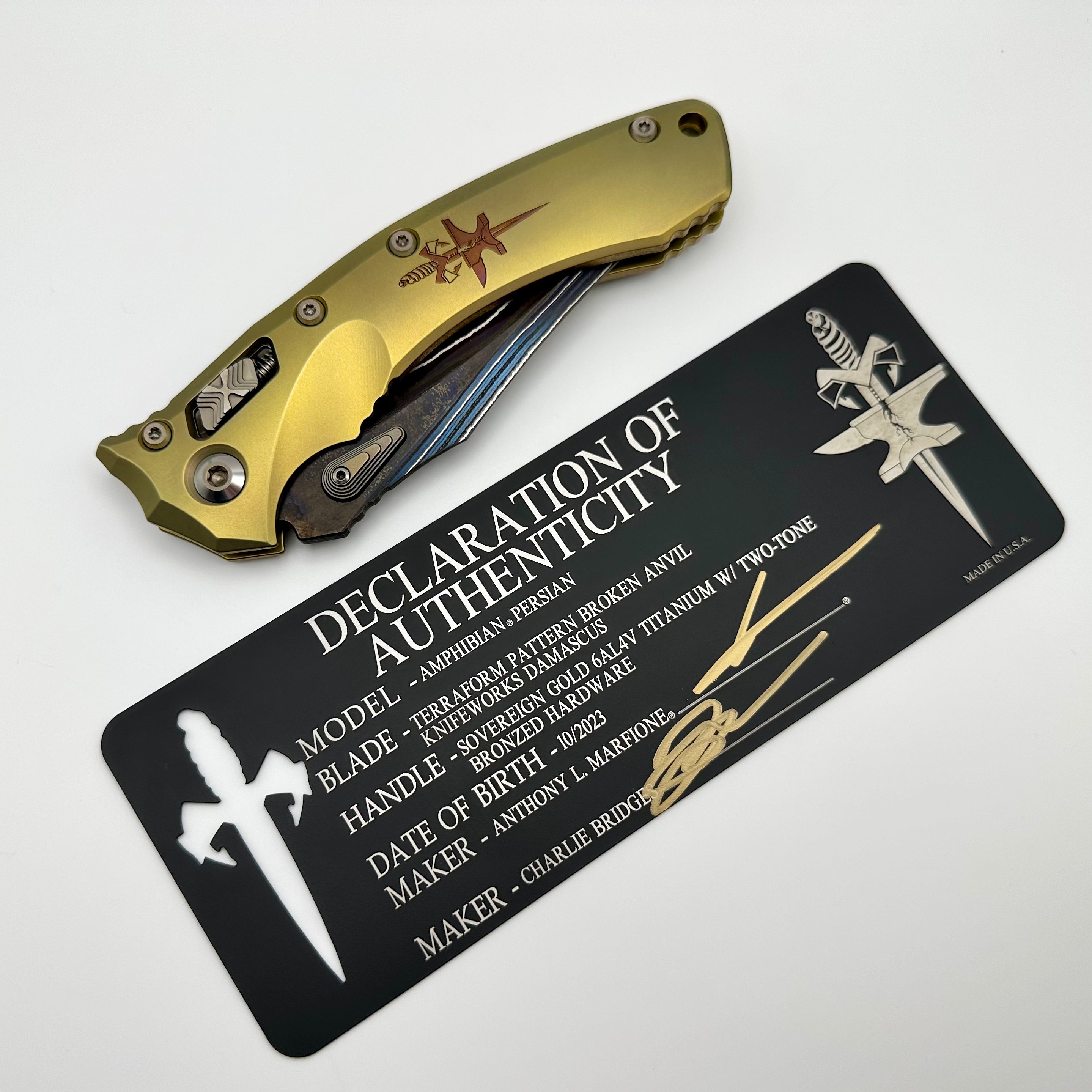 Marfione Custom Amphibian RAM-LOK Terraform Knife - Premium Damascus & Gold Titanium Design