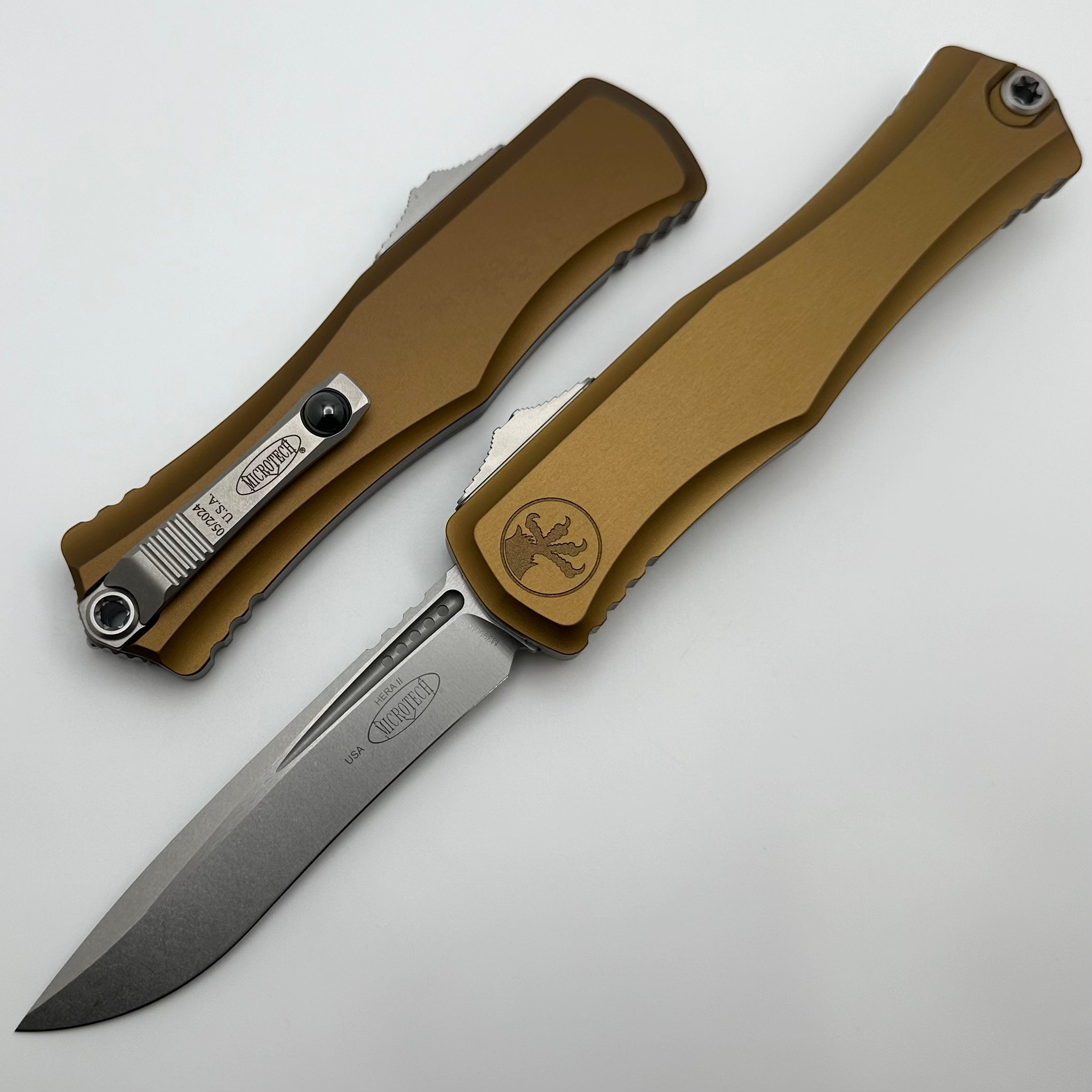 Microtech Hera II Ultimate Tactical Knife - Stonewash Finish with Tan Aluminum Handle