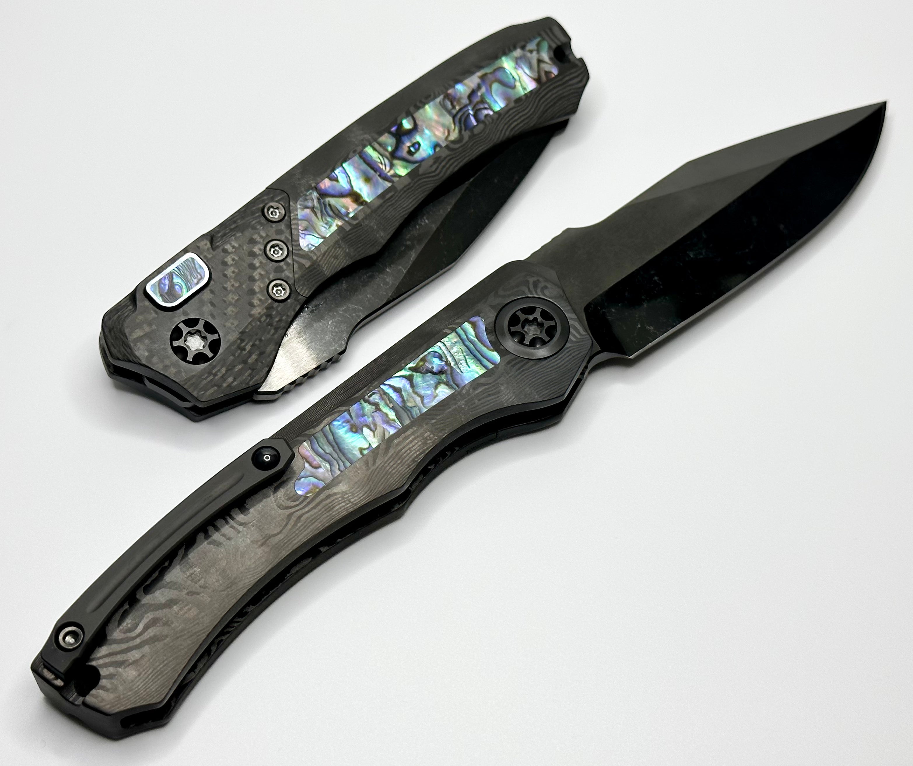 Premium Heretic Knives Wraith Auto with Black Dunes Fat Carbon & Abalone Inlays - Ultimate EDC Knife