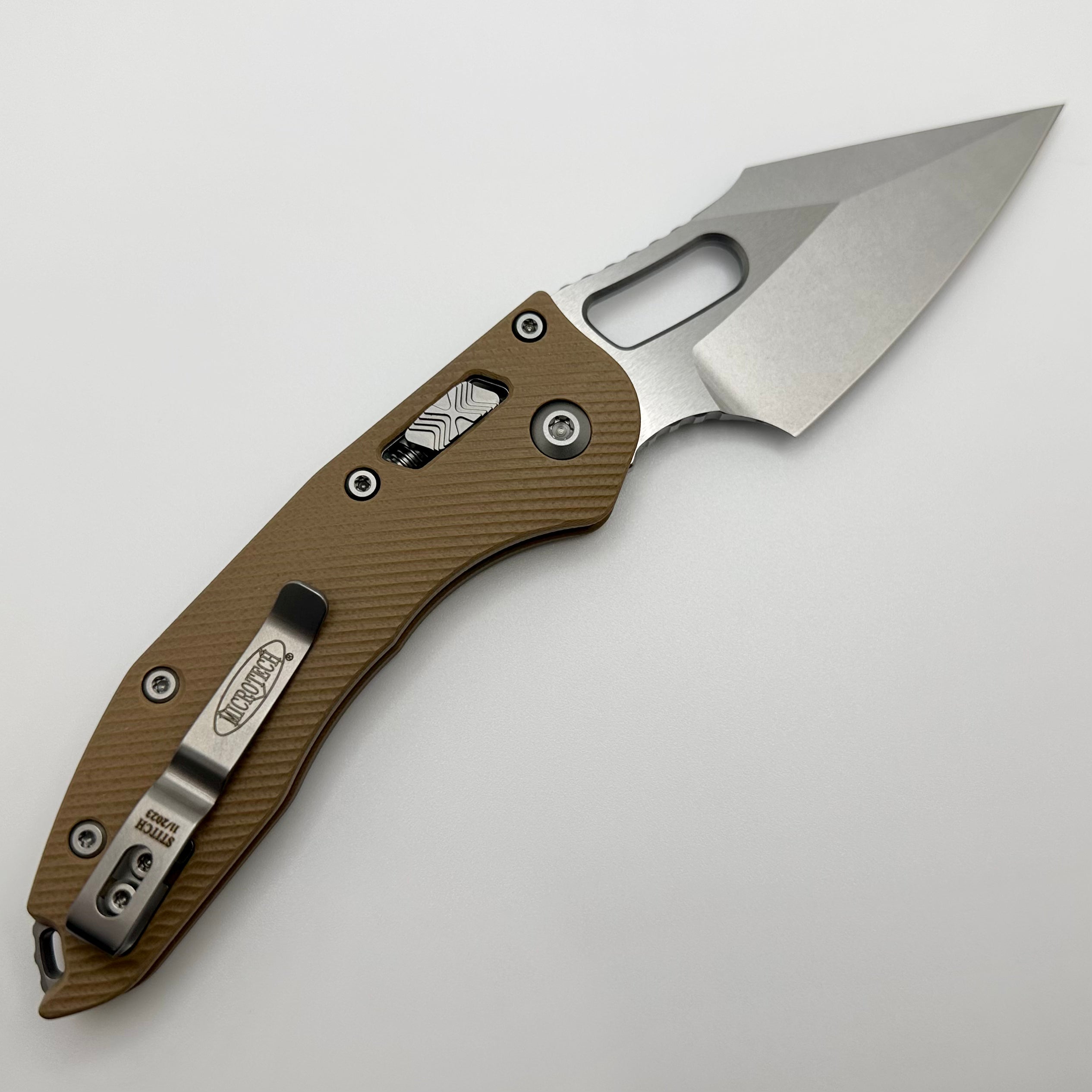 Premium Microtech Stitch RAM LOK Knife - Fluted Tan G-10 & Stonewash M390MK