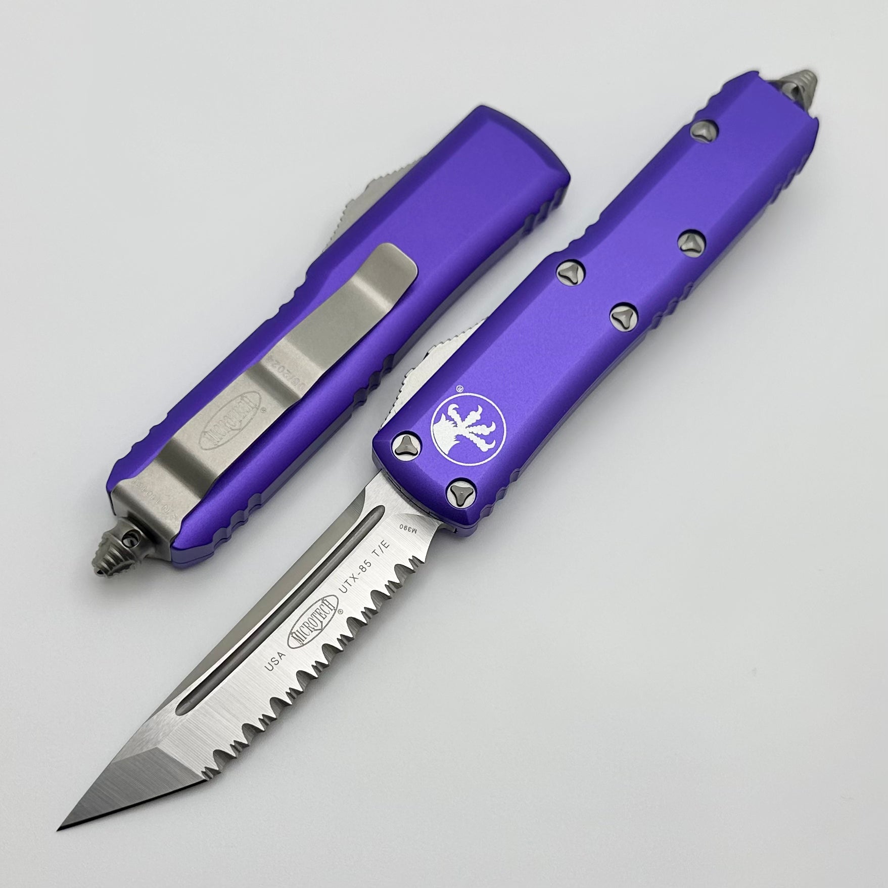 Premium Microtech UTX-85 Tanto Full Serrated EDC Knife - Satin & Purple