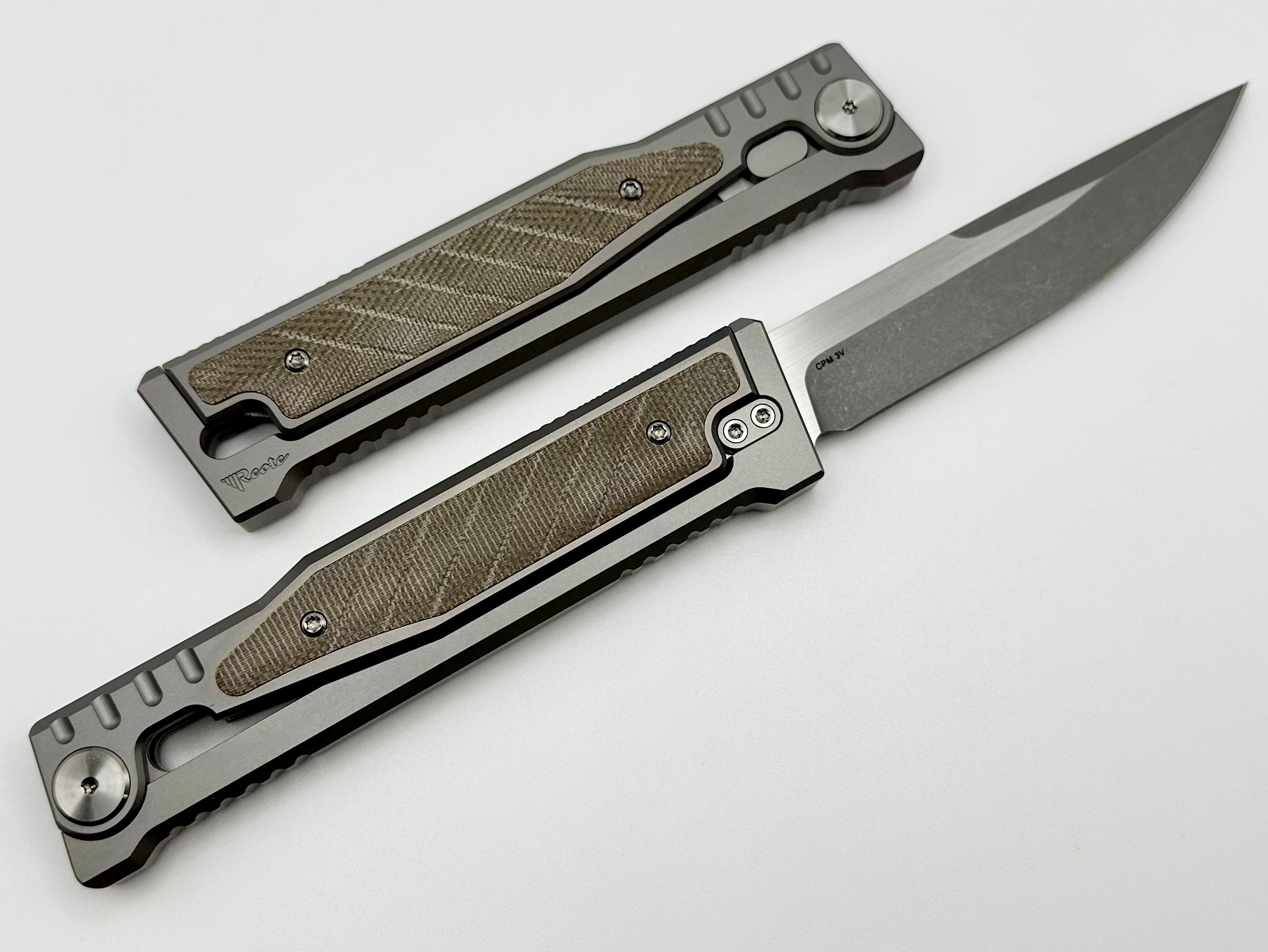 Reate EXO Premium Titanium Folding Knife with Green Micarta Handle & CPM-3V Drop Point Blade