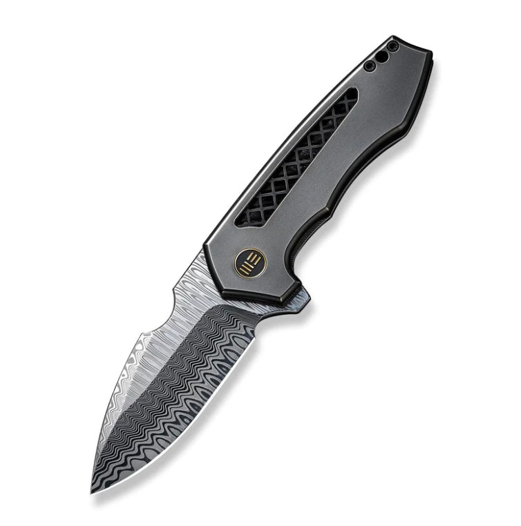 We Knife Harpen Flipper - Premium Polished Gray Titanium & Damasteel Blade WE23019-DS1