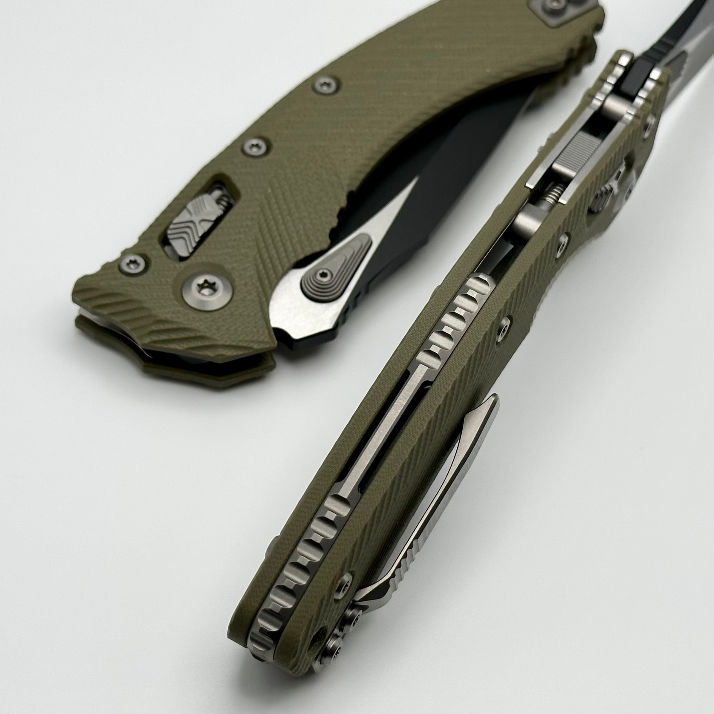 Microtech Amphibian RAM LOK Premium Tactical Knife - OD Green Fluted G-10 & Black M390MK