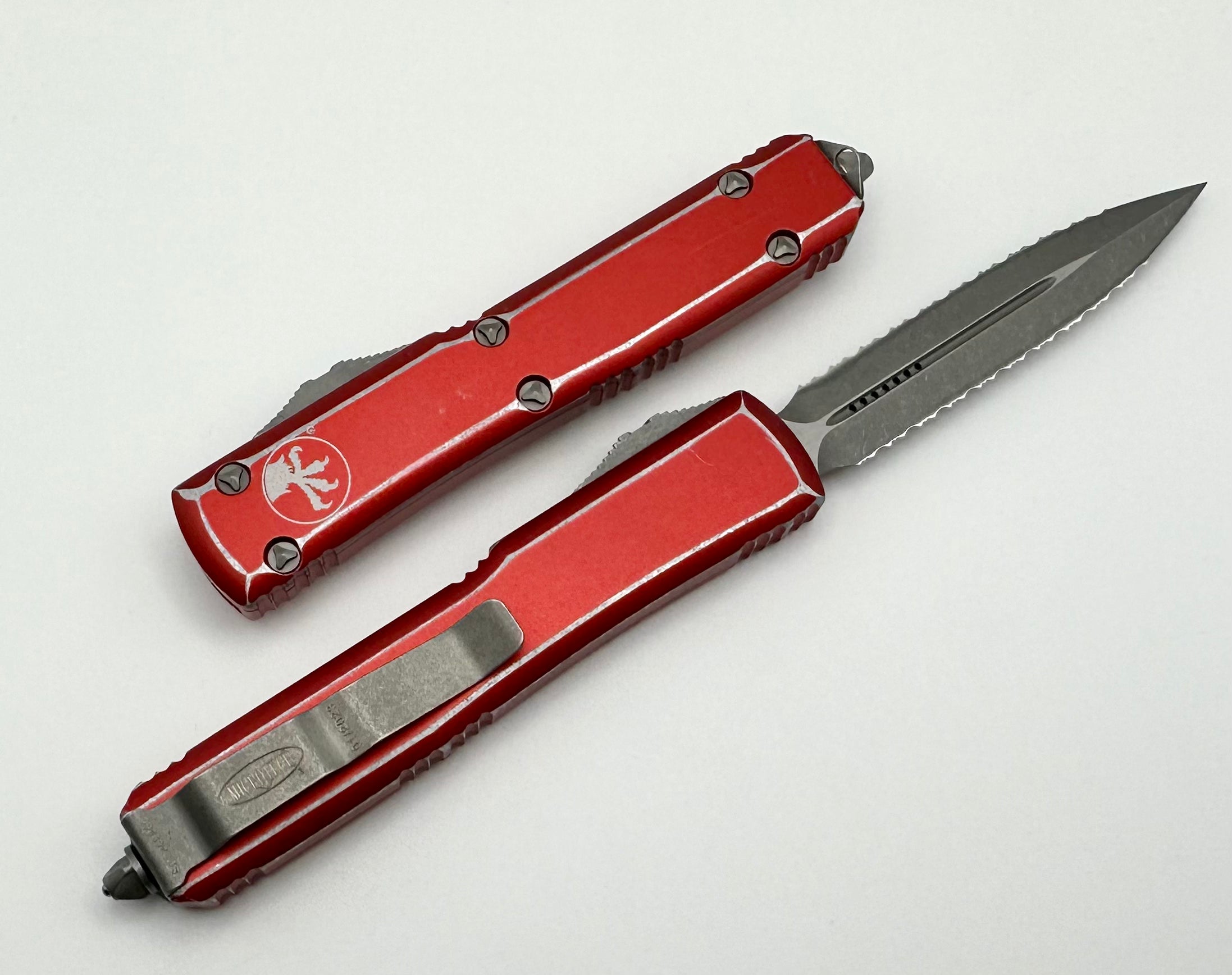 Premium Microtech Ultratech OTF Knife - Apocalyptic Red Double Edge Serrated Blade