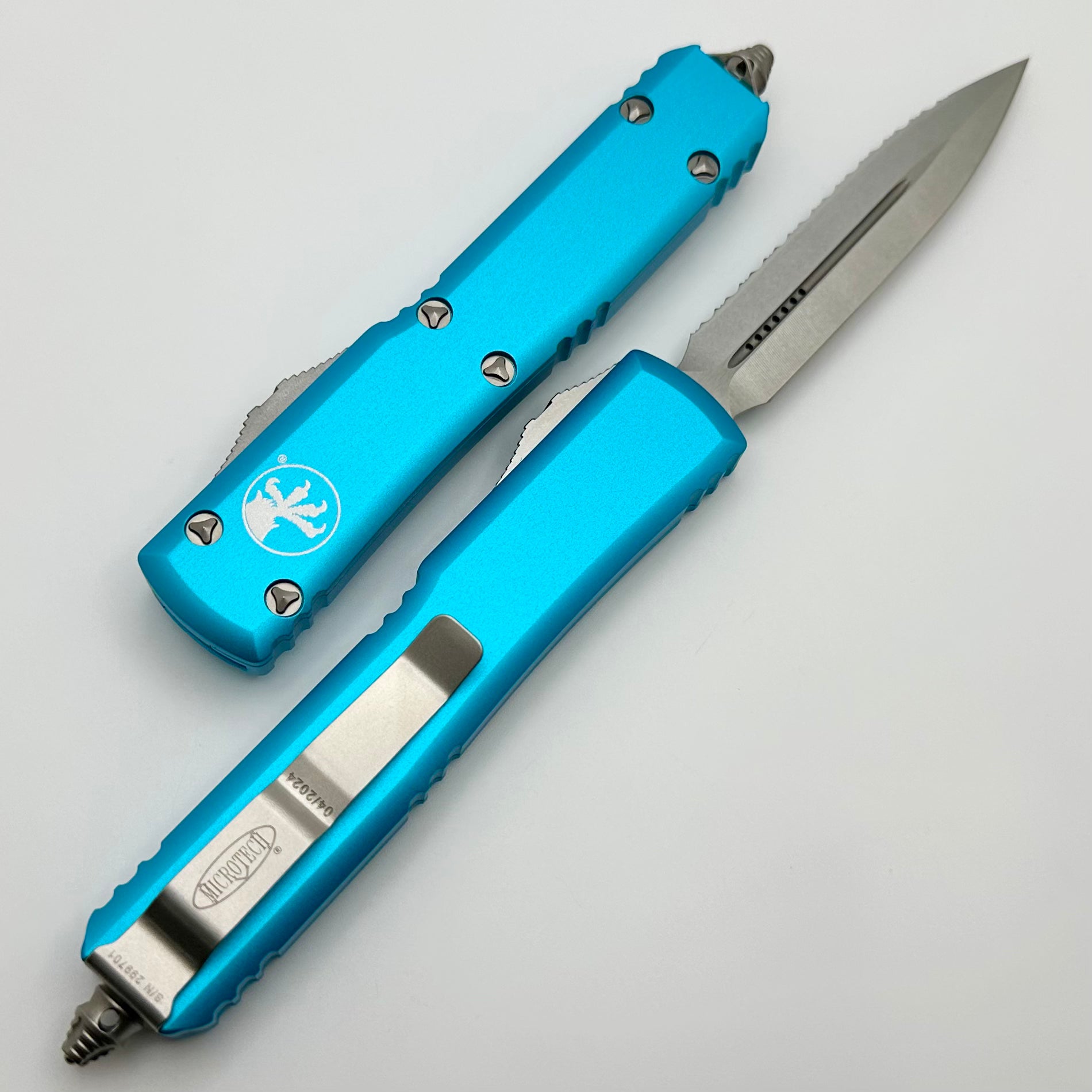 Premium Microtech Ultratech OTF Knife - Double Edge Stonewash with Full Serrated & Turquoise Finish