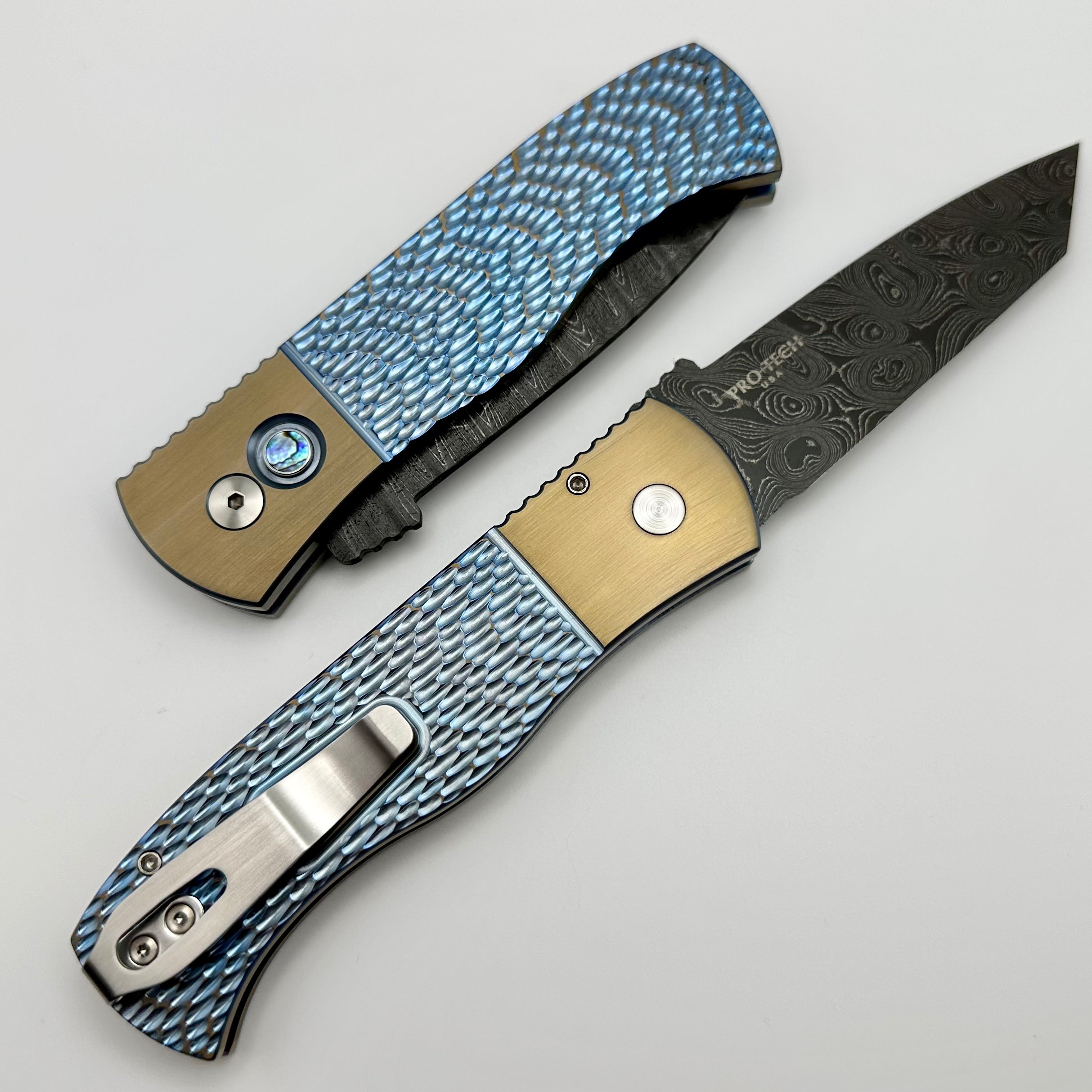 Premium Pro-Tech Emerson CQC7 Tactical Knife - Titanium Blue/Bronze Handle with Abalone Button & Damascus Chisel Tanto Blade