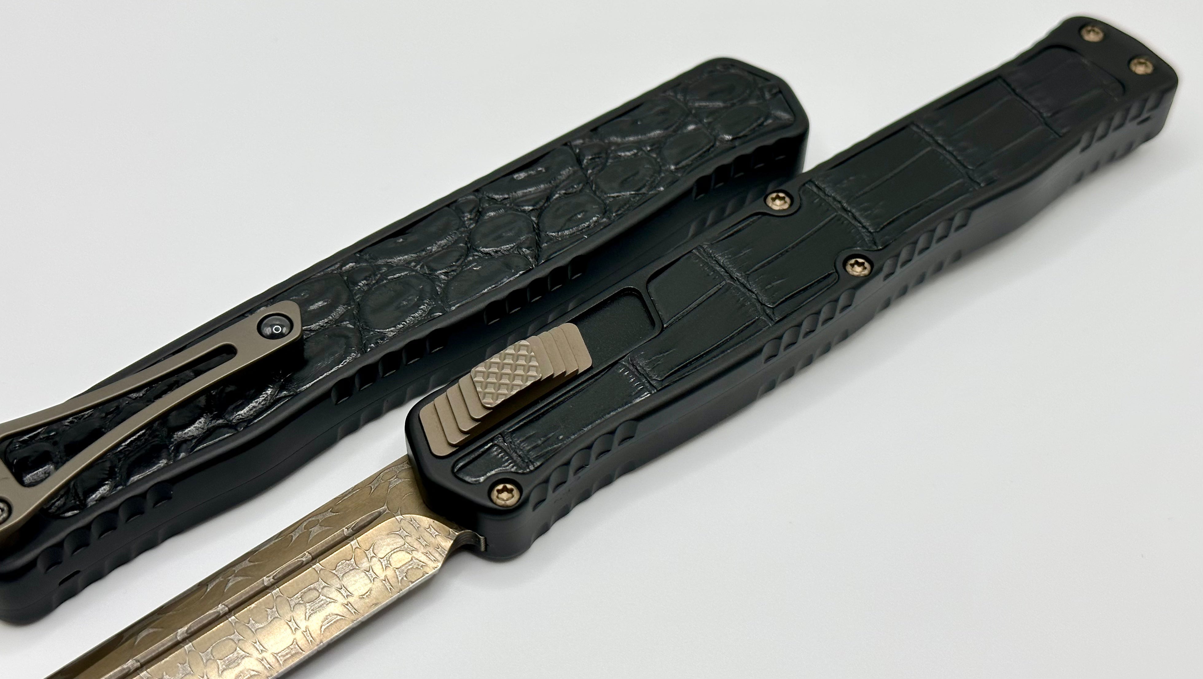 Premium Heretic Knives Cleric II - Vegas Forge 3V Tanto with Bronze Damascus & Crocodile Inlays