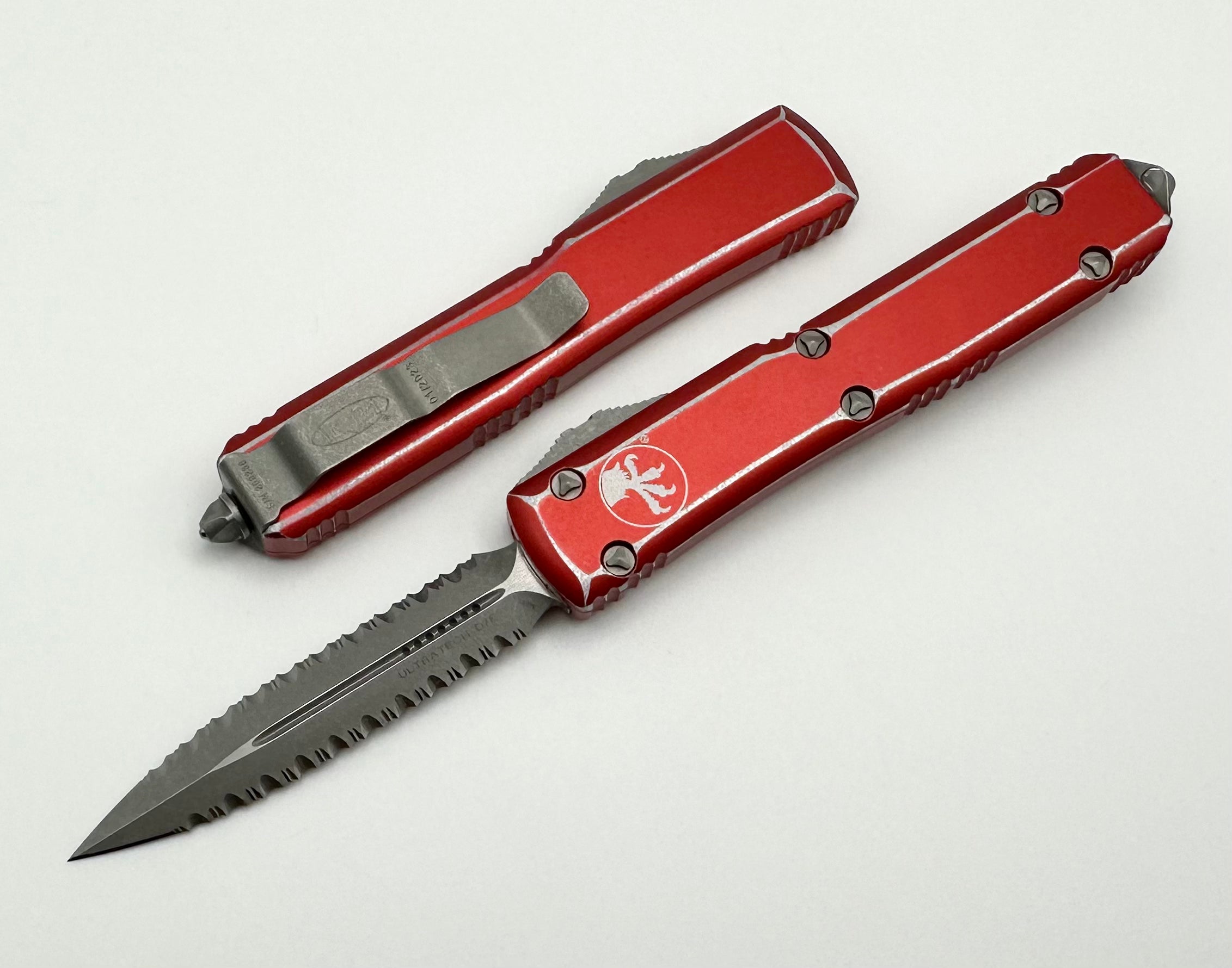 Premium Microtech Ultratech OTF Knife - Apocalyptic Red Double Edge Serrated Blade