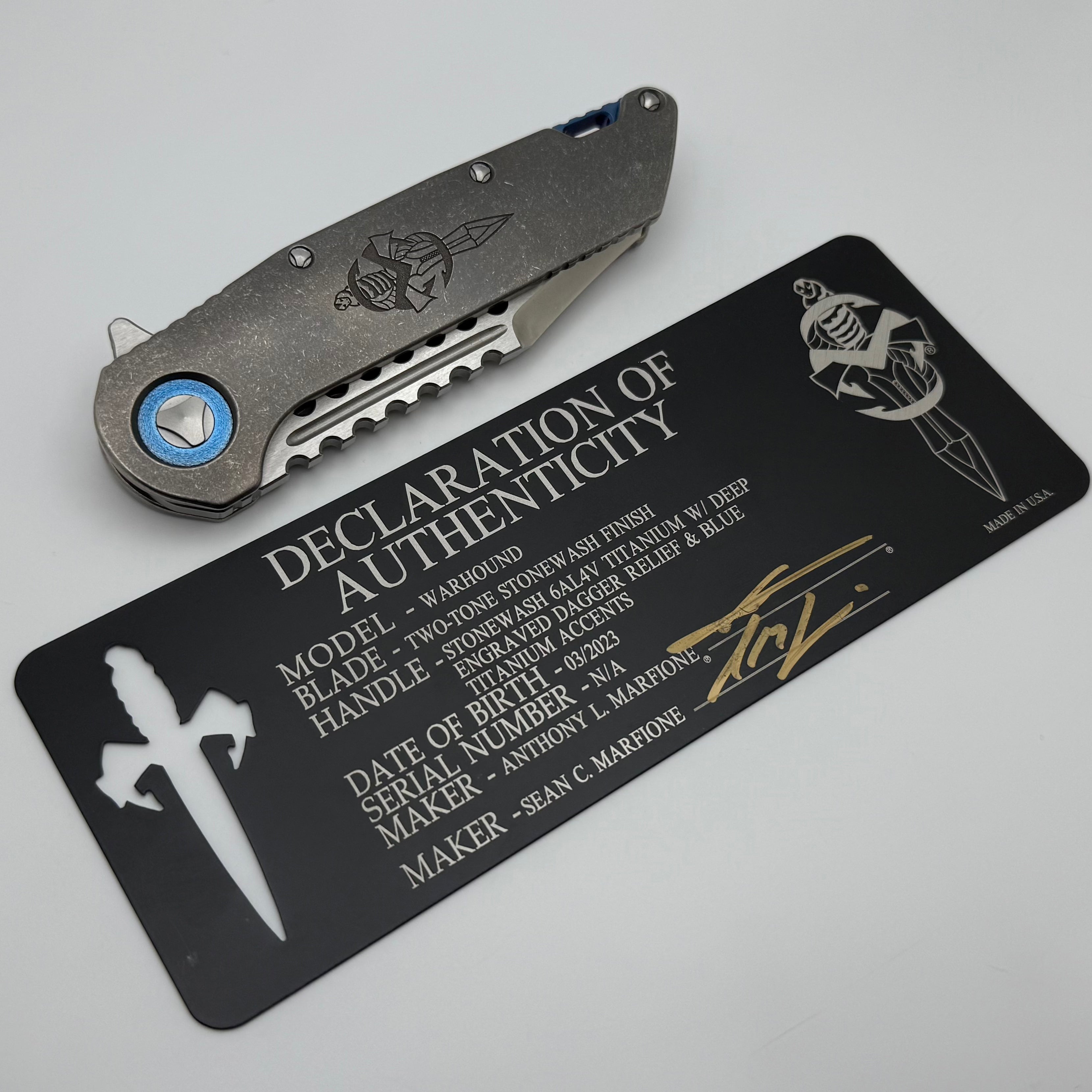 Premium Pre-Owned Marfione Custom Warhound Knife - Titanium Stonewash Finish with CTS-204P Blade & Blue Accents