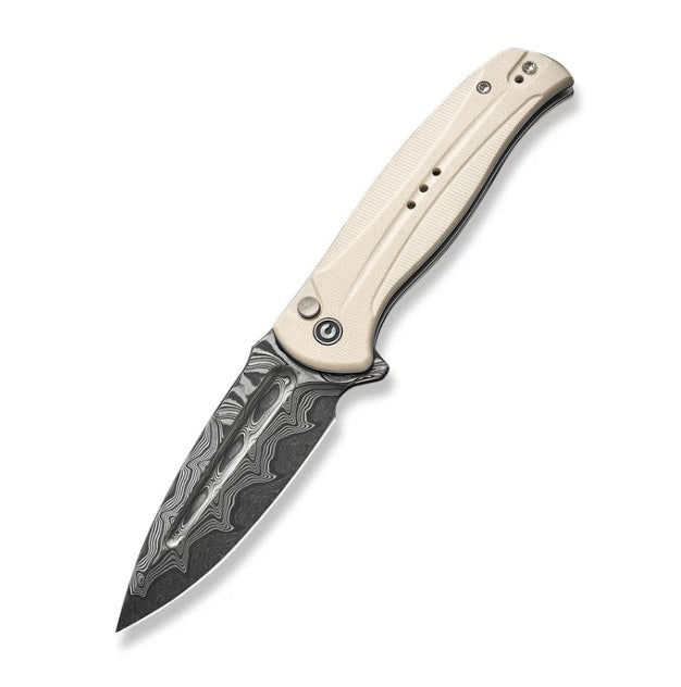 Civivi Incendie Premium Button Lock Flipper Knife with Ivory/White G-10 Handles & Damascus Blade