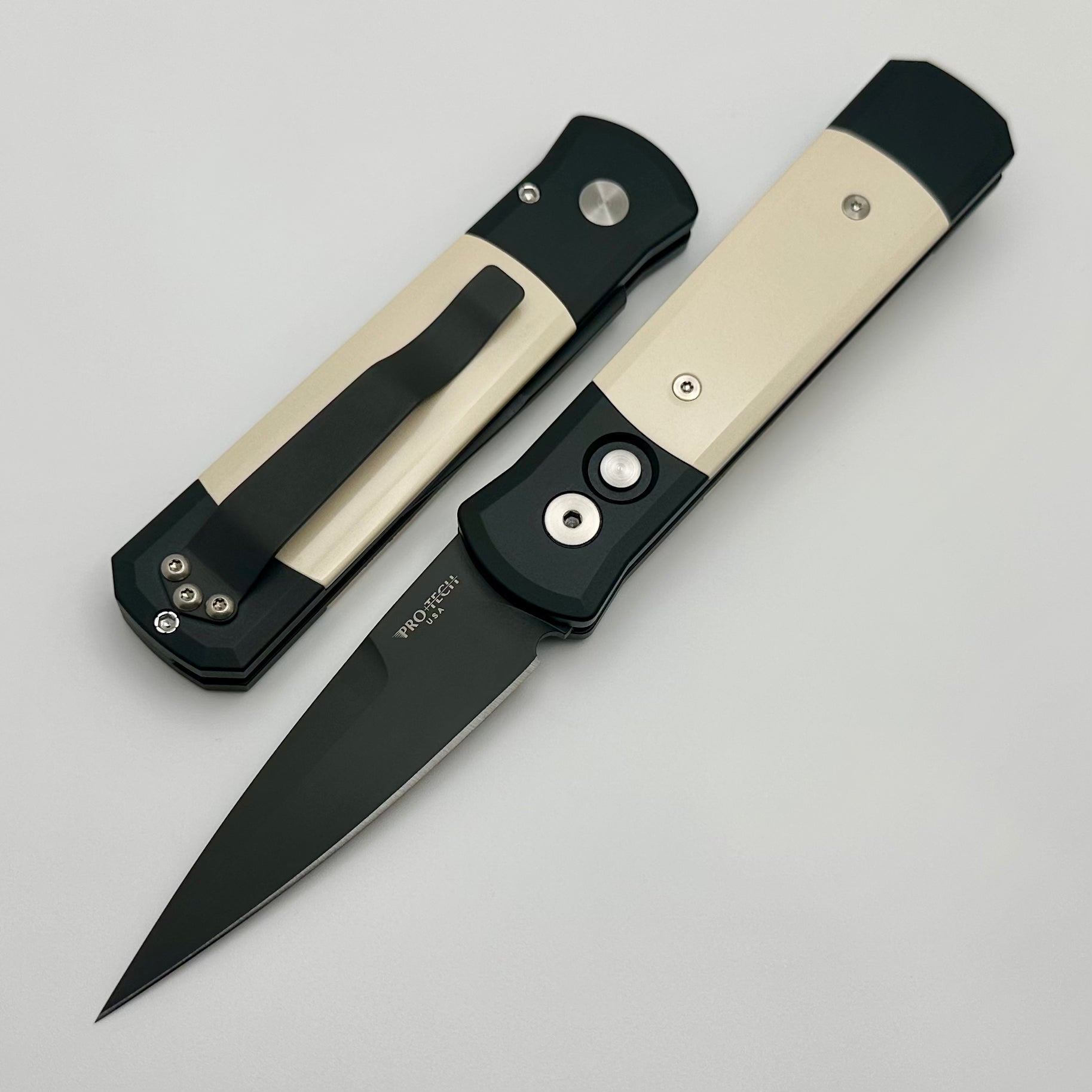 Pro-Tech Godson Tuxedo Black Automatic Knife with Ivory Micarta Inlays & 154-CM Blade