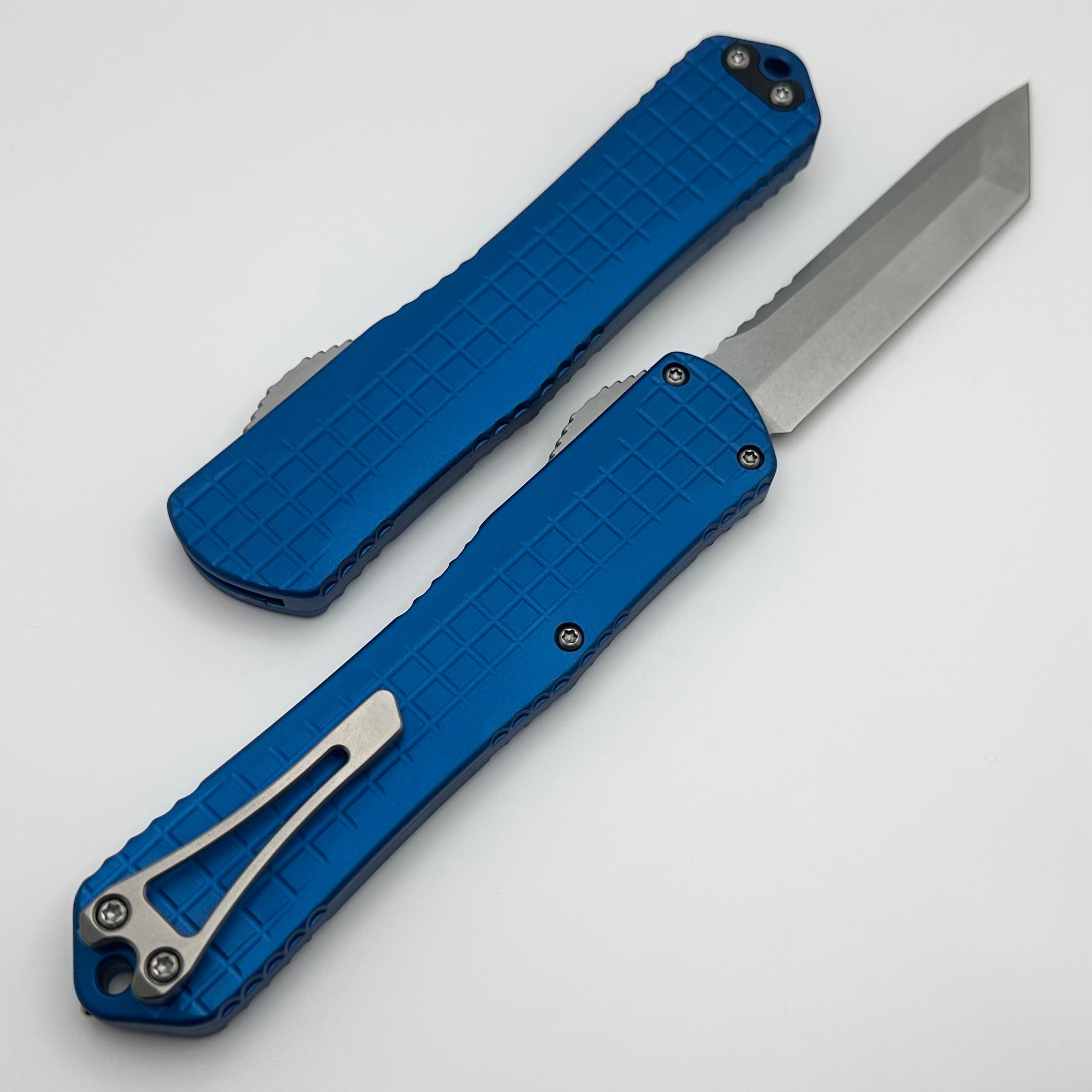 Heretic Knives Manticore X - Ultimate Tactical OTF Knife with Blue Frag Handle & Stonewash Tanto MagnaCut Blade