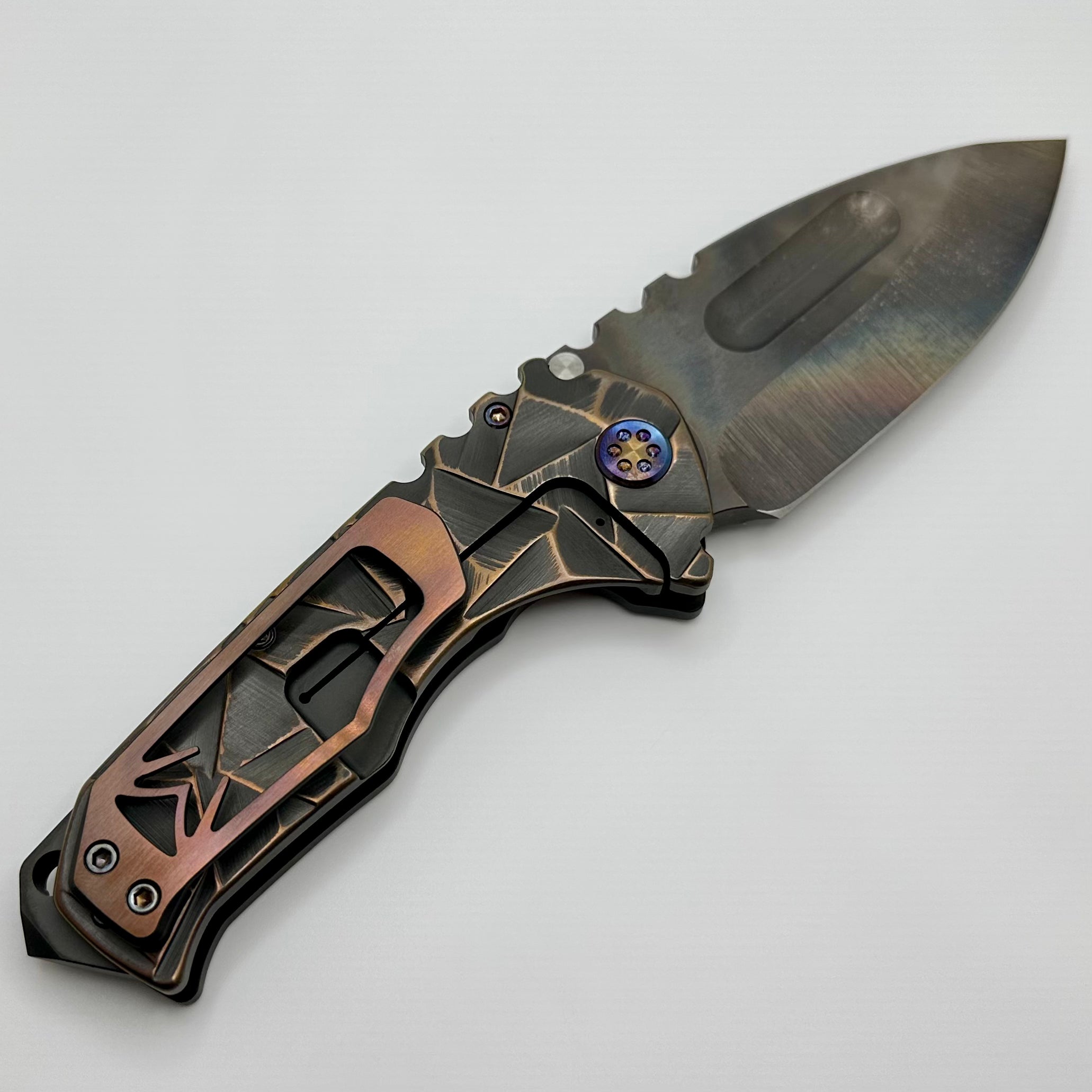 Medford Knife Praetorian TI 3V Vulcan Drop Point - Premium Tactical Folding Knife with Black/CuRose Stained Glass Design & Flamed Hardware