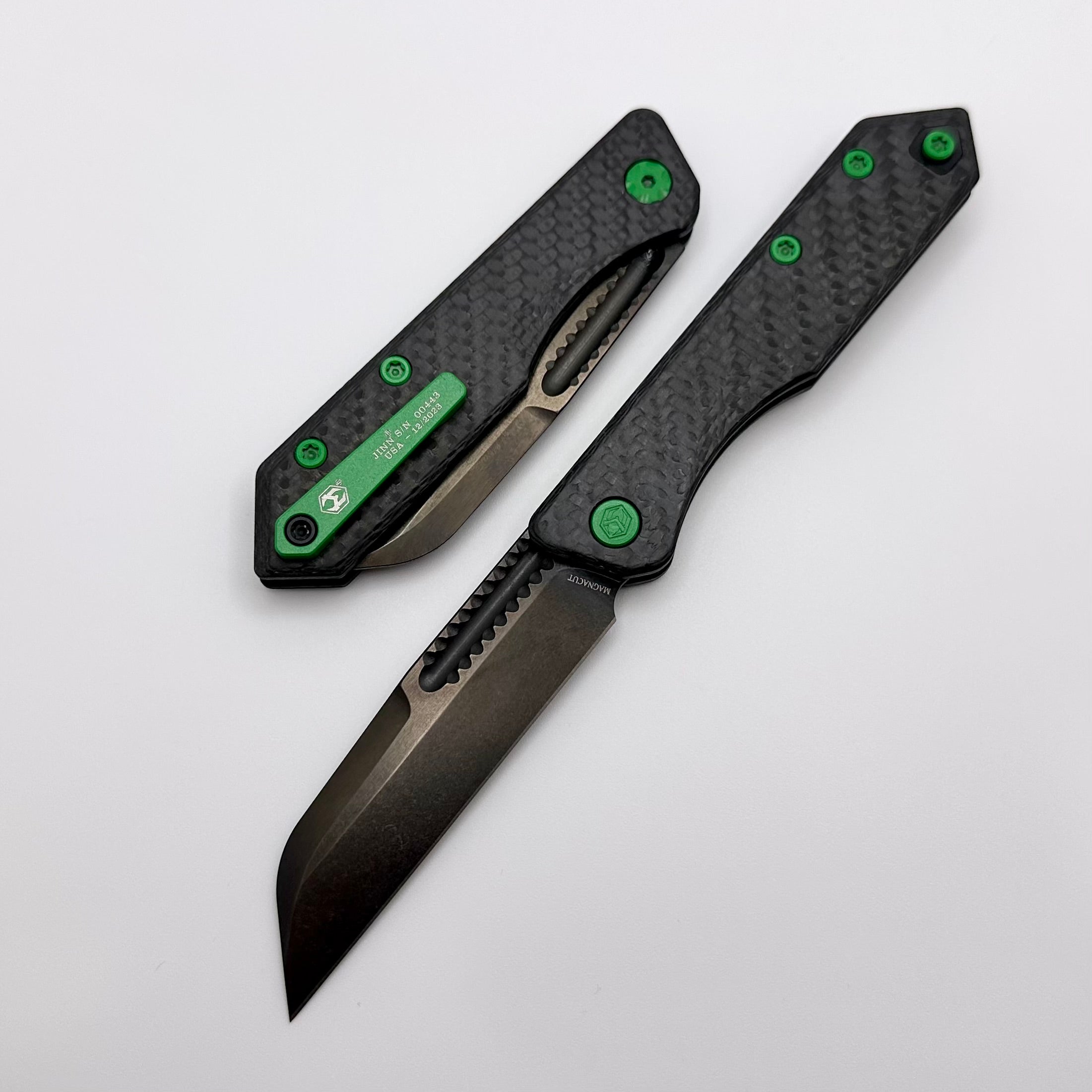 Premium Heretic Knives Jinn Carbon Fiber Slip Joint with Toxic Green Hardware & DLC Coating