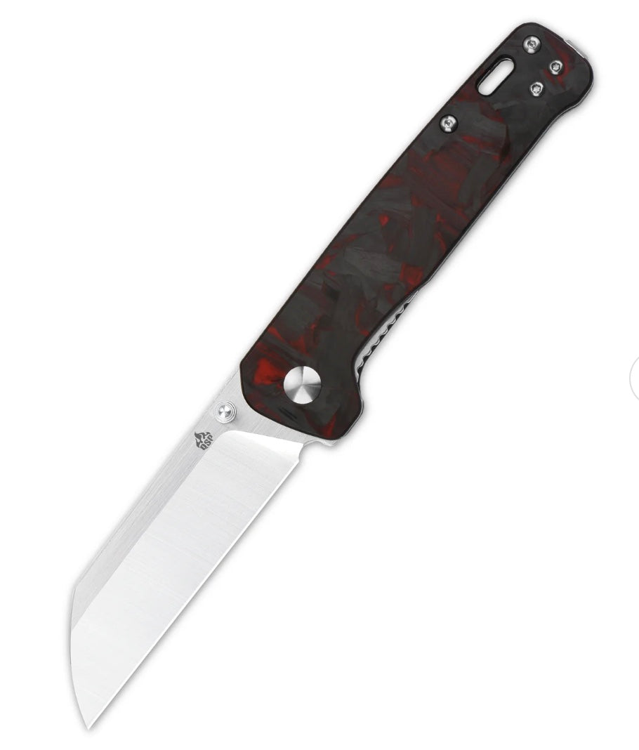 QSP Penguin Ultimate EDC Knife - Black G-10 with Red/Black Carbon Fiber & Satin D2 Blade