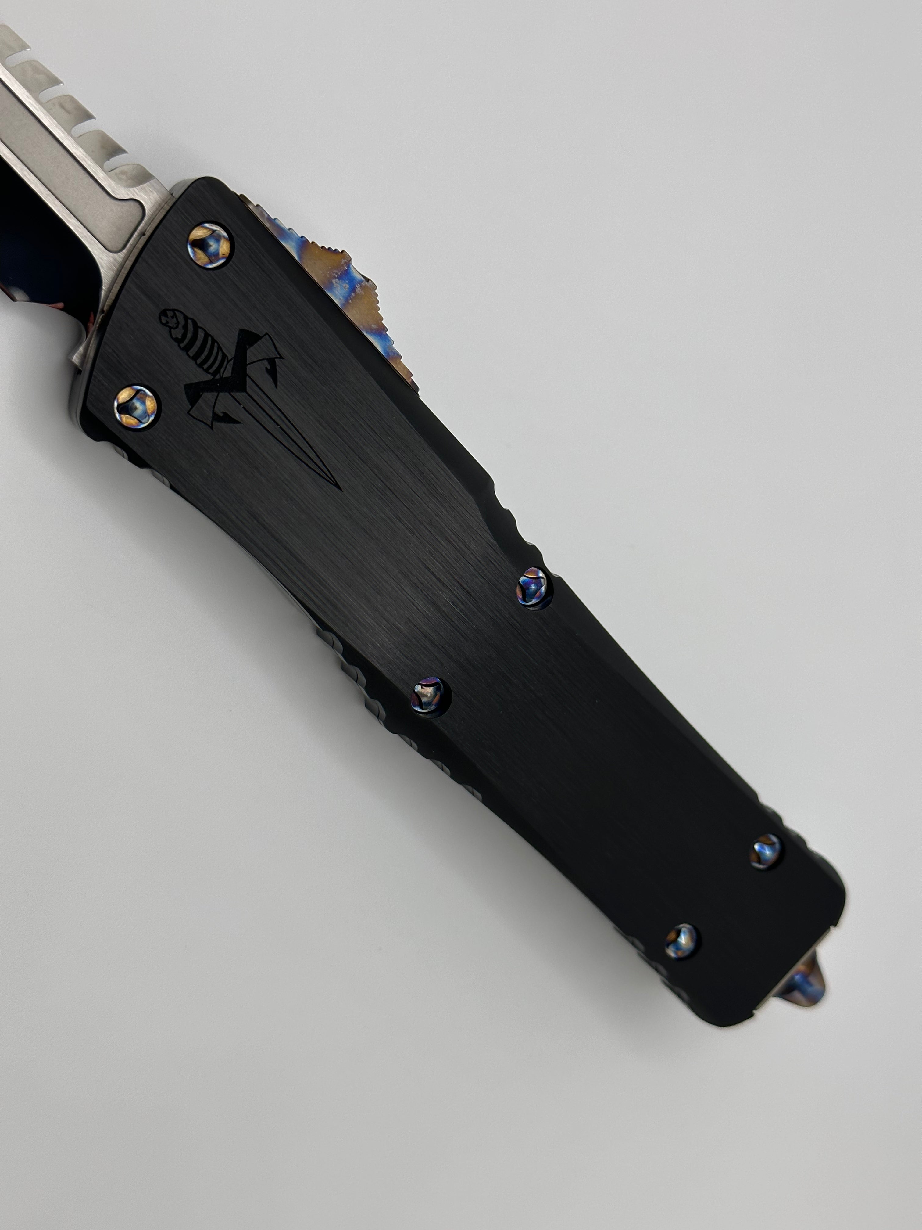 Marfione Custom Knives Combat Troodon Interceptor - Premium Mirror Polish with Hefted Black Handle & Flamed Hardware