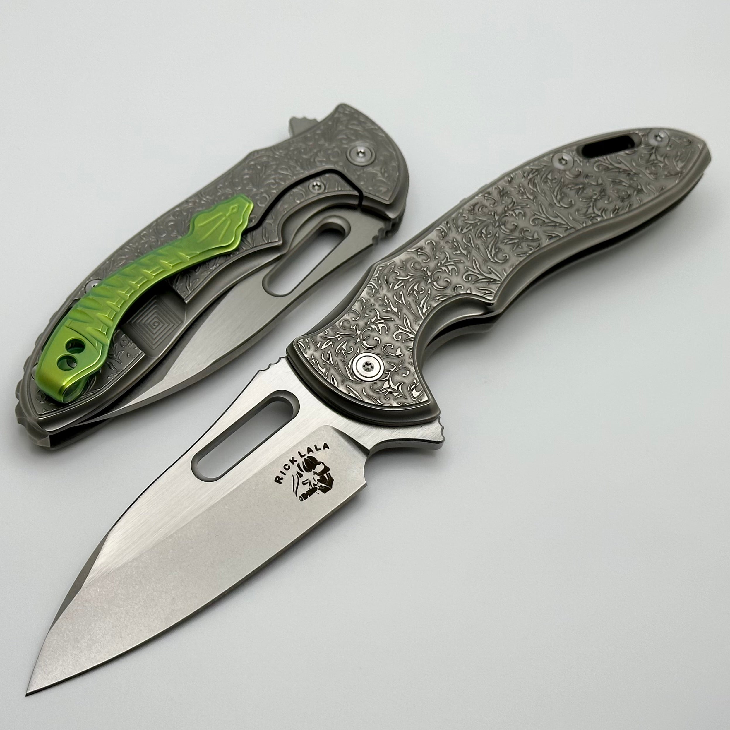 Premium Mechforce Knives Sentry: Rick Lala Collaboration with Scroll Pattern Titanium & M390 Blade - Exclusive Green Clip