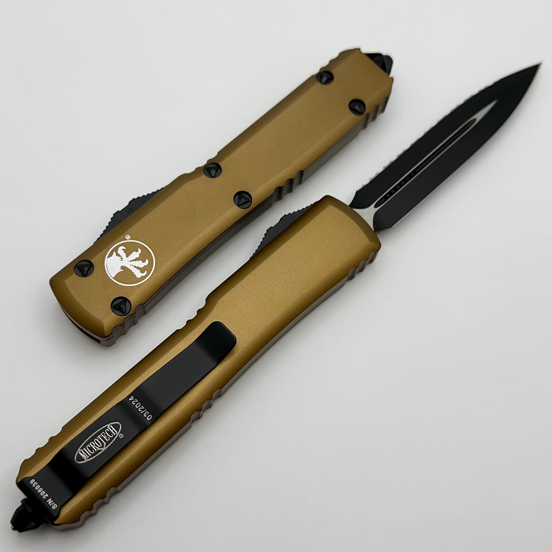 Microtech Ultratech Premium Double Edge Tactical Knife - Black Serrated & Tan