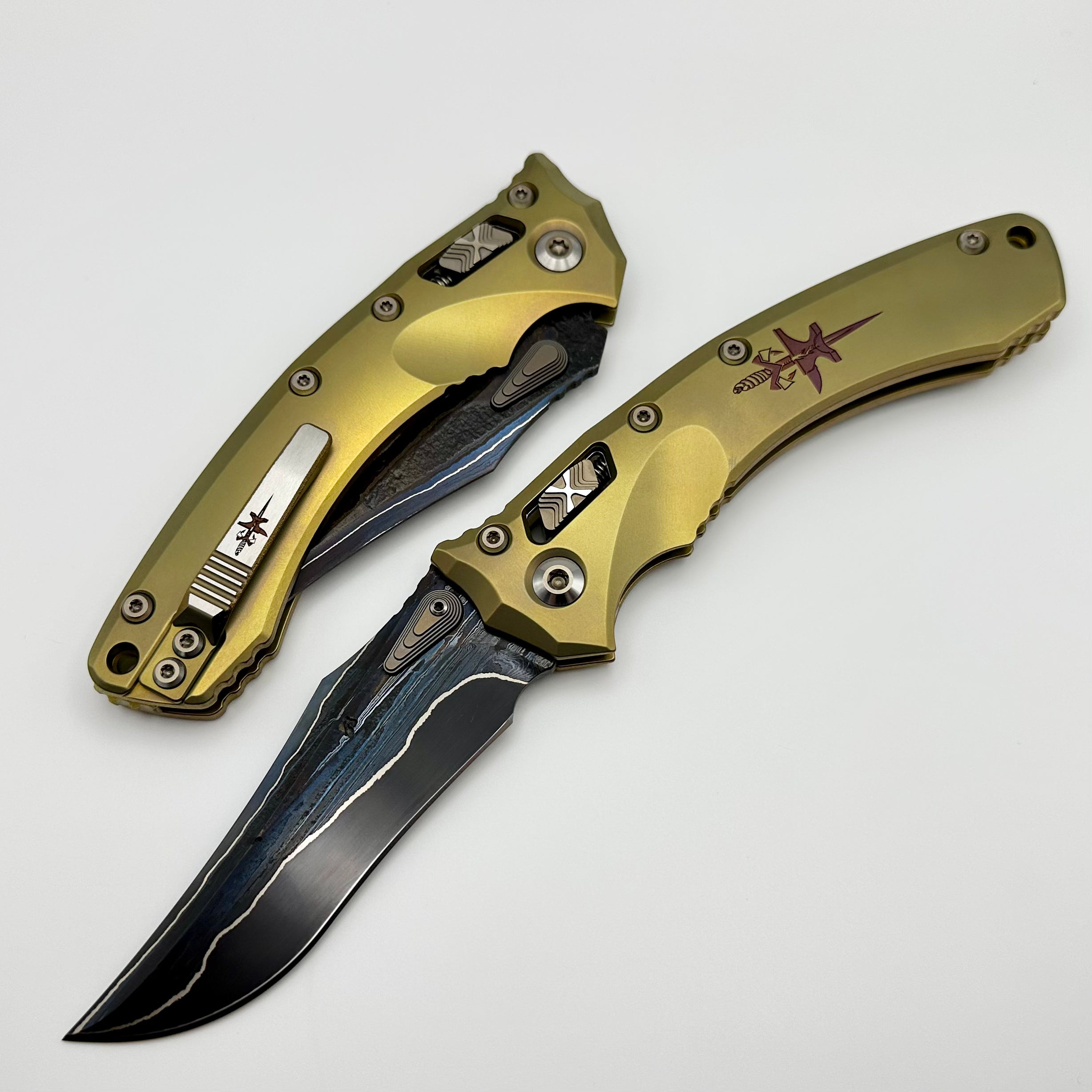 Marfione Custom Amphibian RAM-LOK Terraform Knife - Premium Damascus & Gold Titanium Design